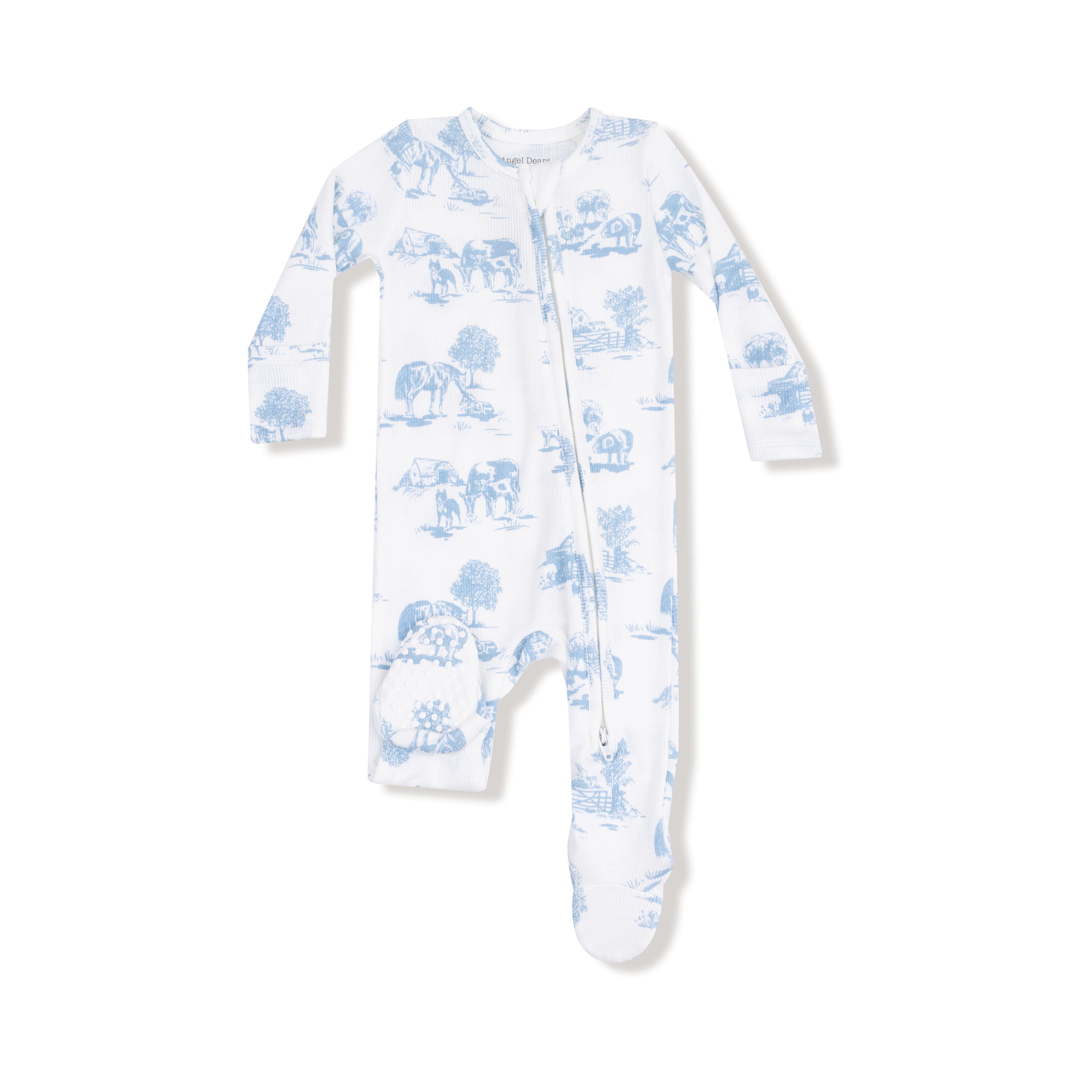 2 Way Zipper Footie in our  Farm Toile - Blue print from Angel Dear