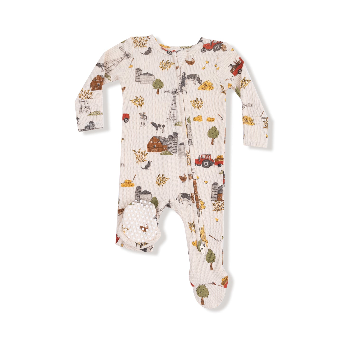 2 Way Zipper Footie in our  Hay Farmer print from Angel Dear