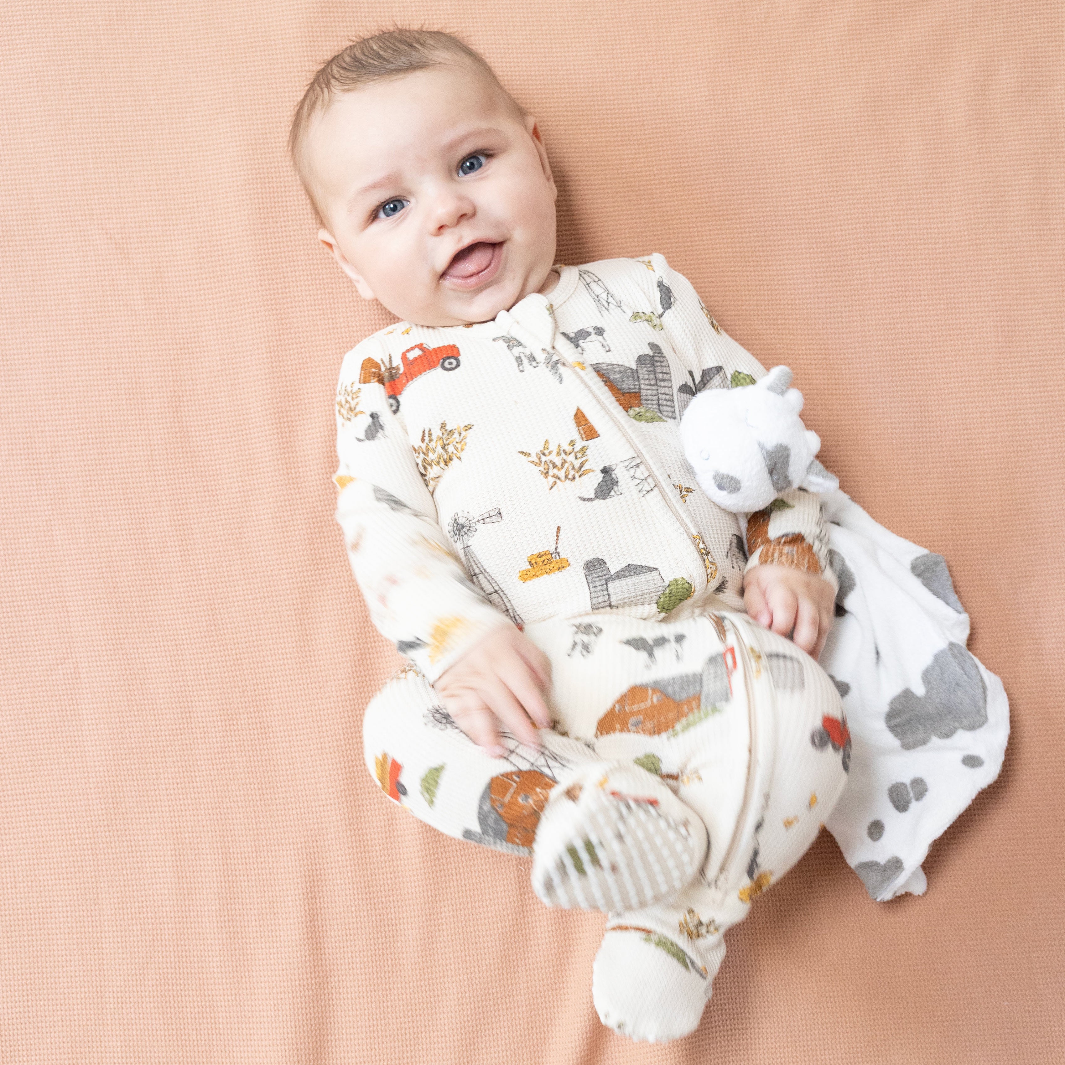 2 Way Zipper Footie in our  Hay Farmer print from Angel Dear