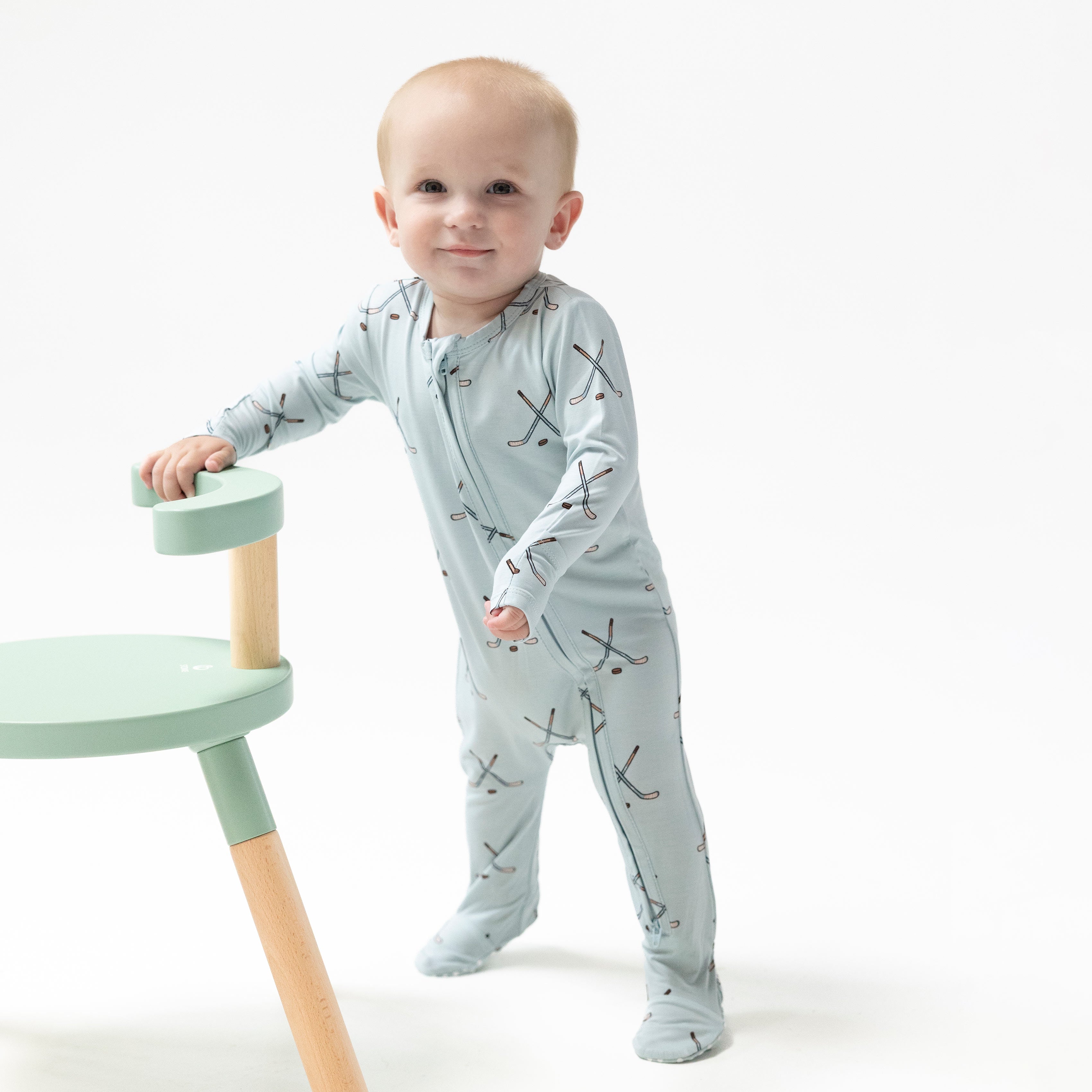 2 Way Zipper Footie in our  Hockey - Stone Blue print from Angel Dear