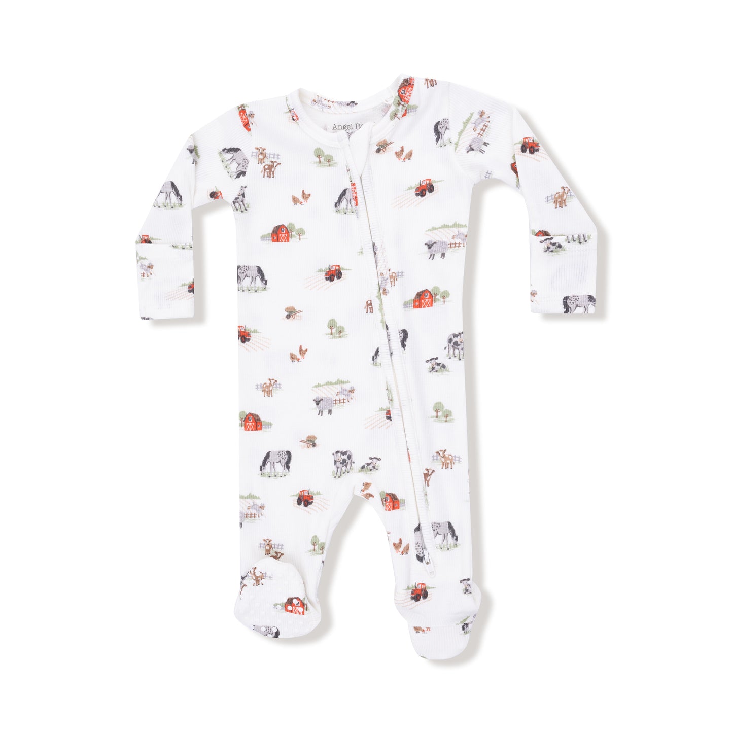 2 Way Zipper Footie in our  Little Farm print from Angel Dear