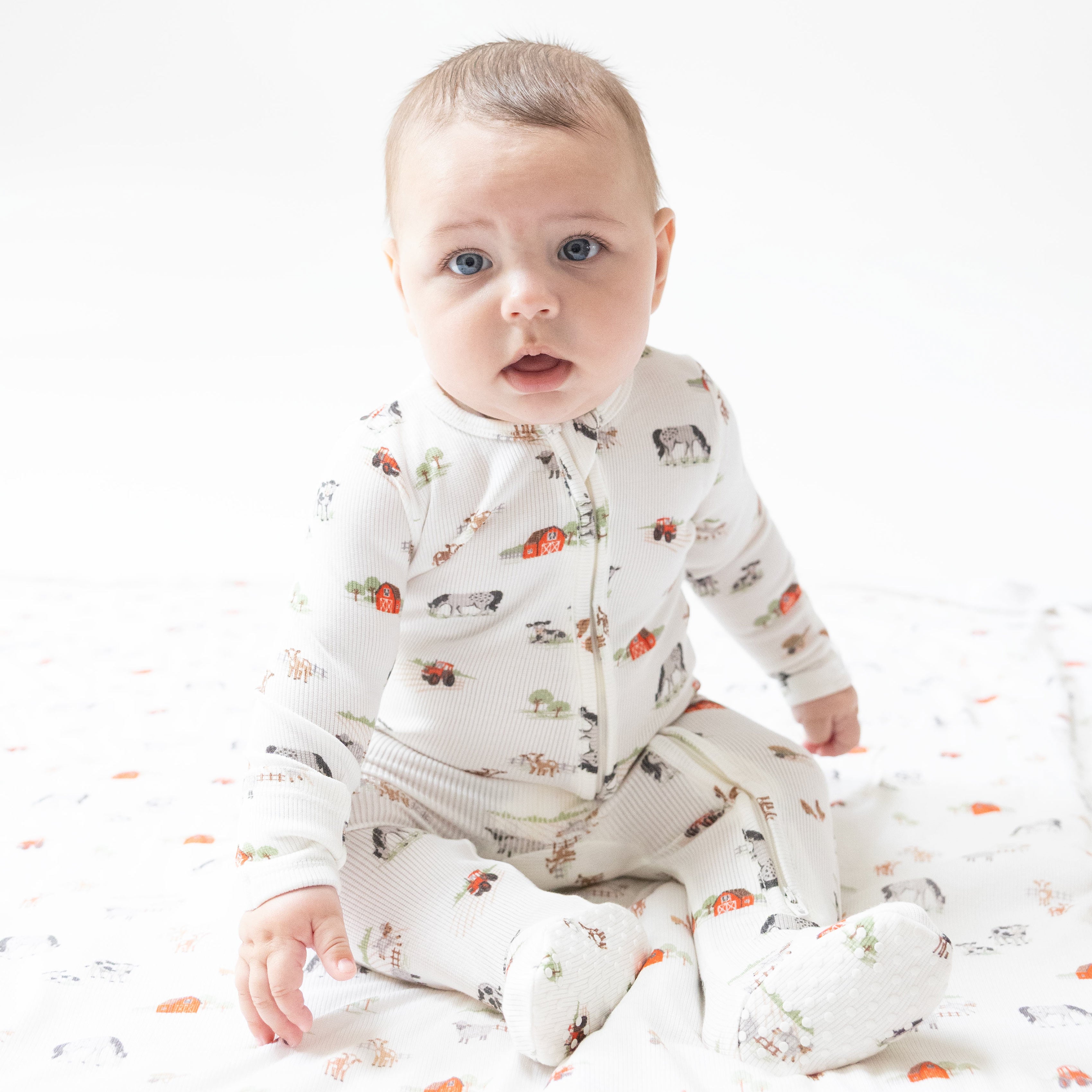 2 Way Zipper Footie in our  Little Farm print from Angel Dear