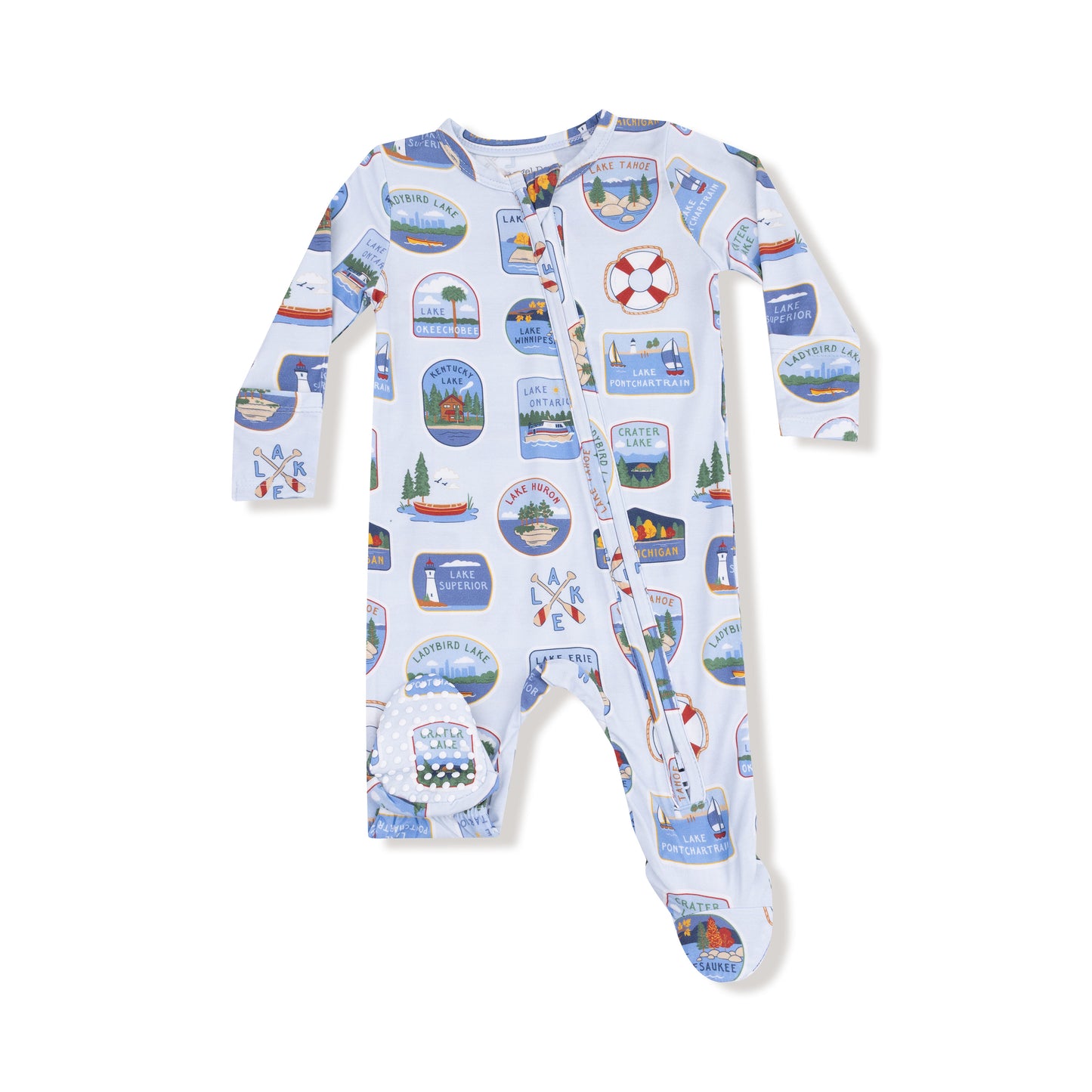 2 Way Zipper Footie in our  Lake Stickers print from Angel Dear