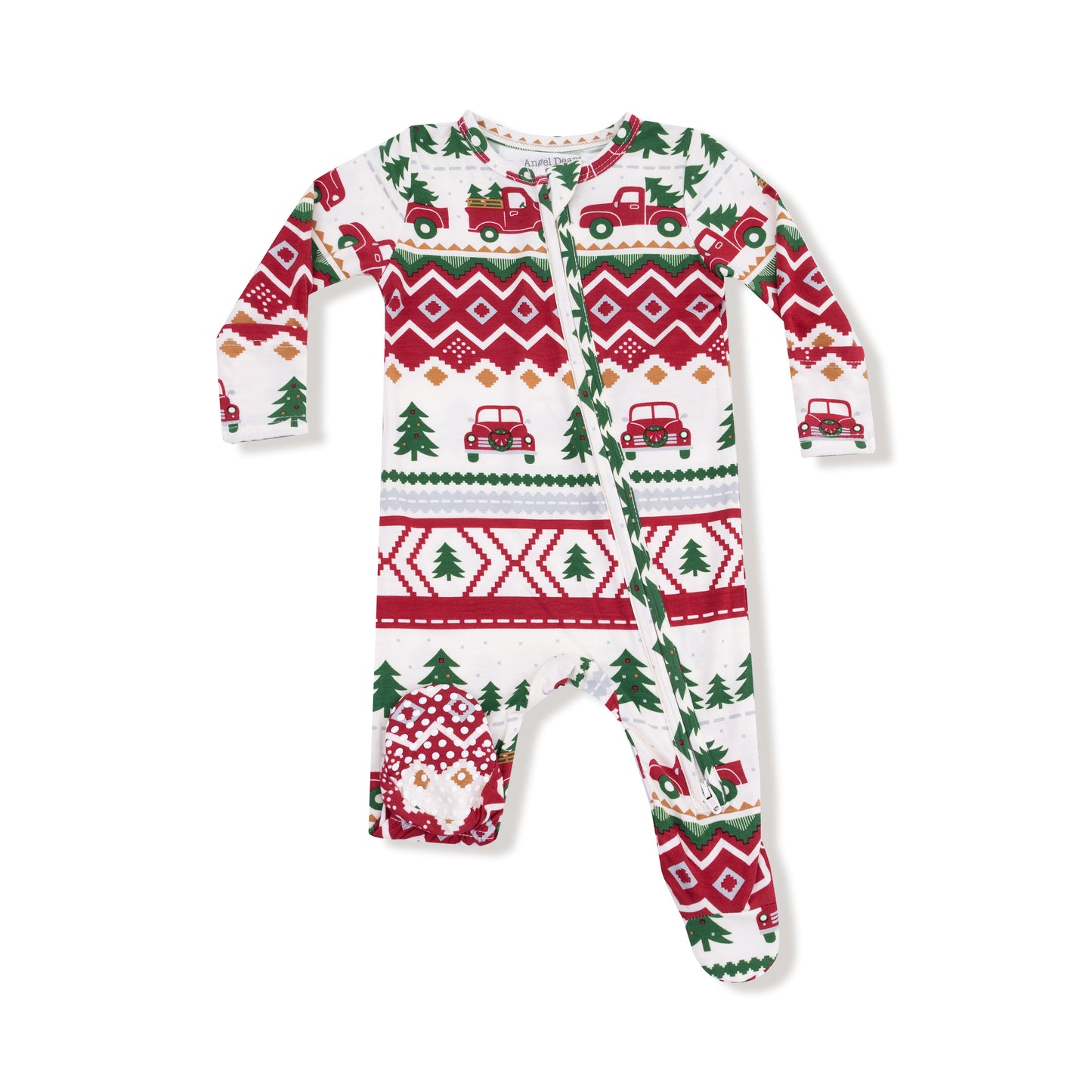 2 Way Zipper Footie in our  Red Truck Fair Isle print from Angel Dear