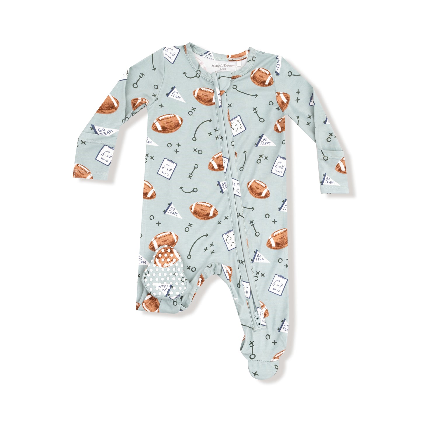 2 Way Zipper Footie in our  Touchdown Time - Grey Mist print from Angel Dear