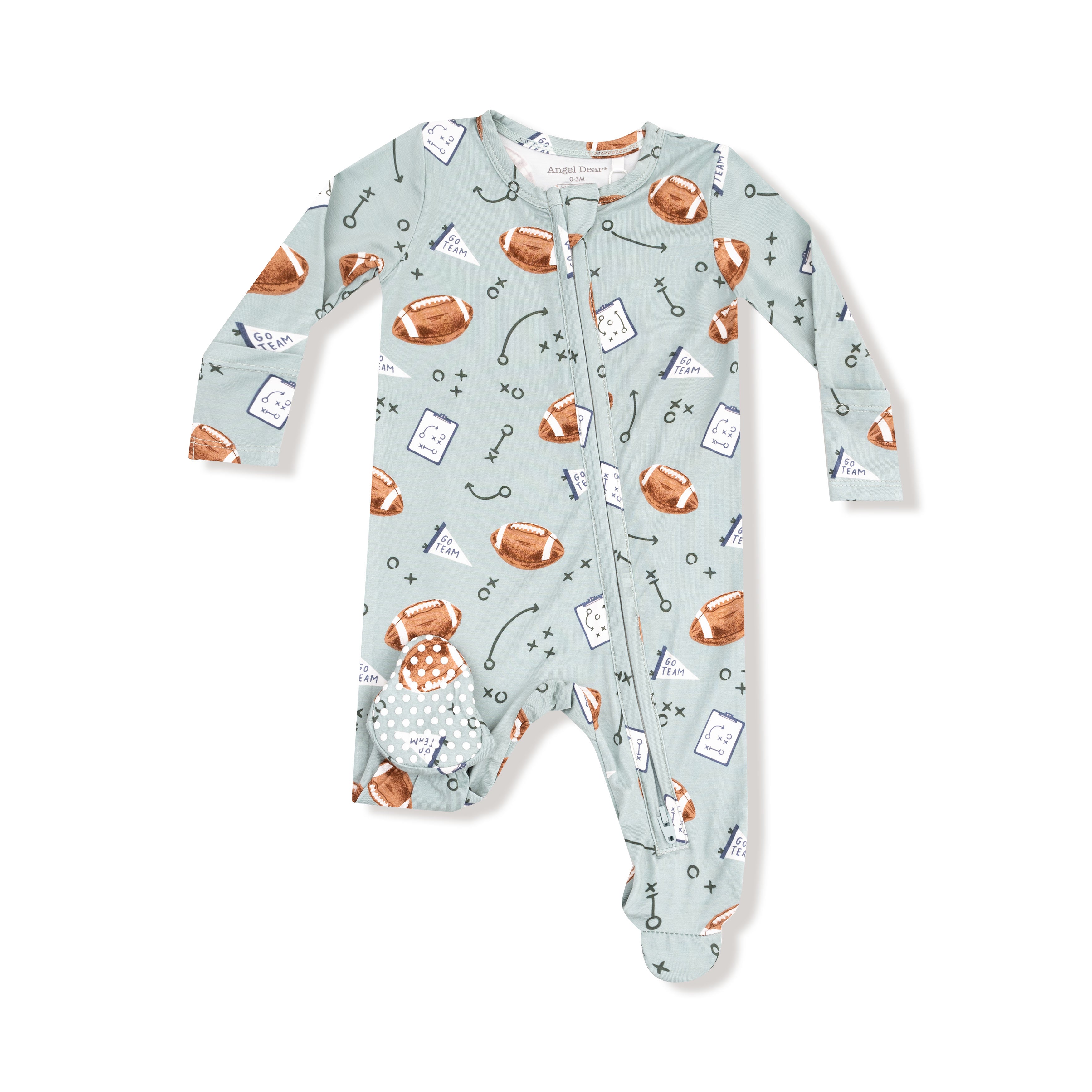 2 Way Zipper Footie in our  Touchdown Time - Grey Mist print from Angel Dear