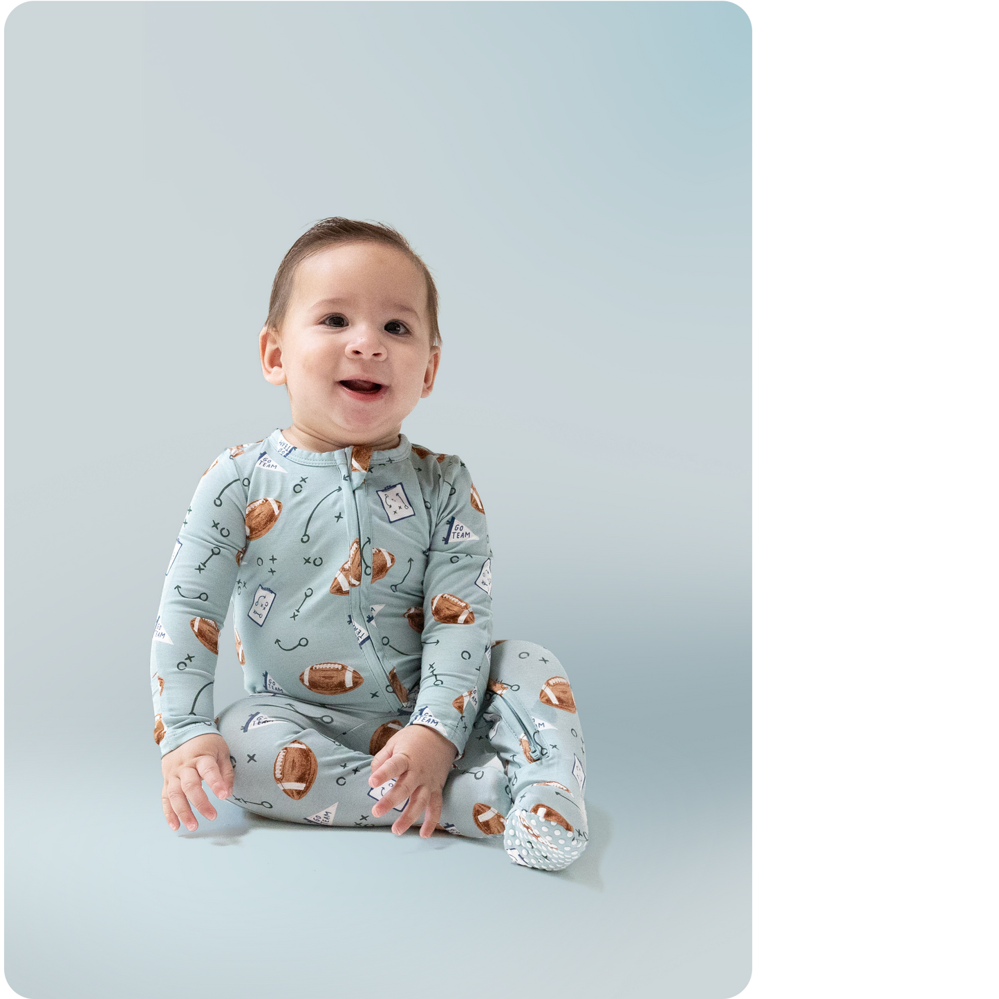 2 Way Zipper Footie in our  Touchdown Time - Grey Mist print from Angel Dear