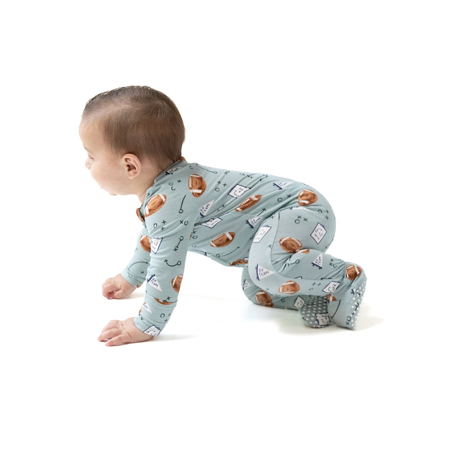 2 Way Zipper Footie in our  Touchdown Time - Grey Mist print from Angel Dear