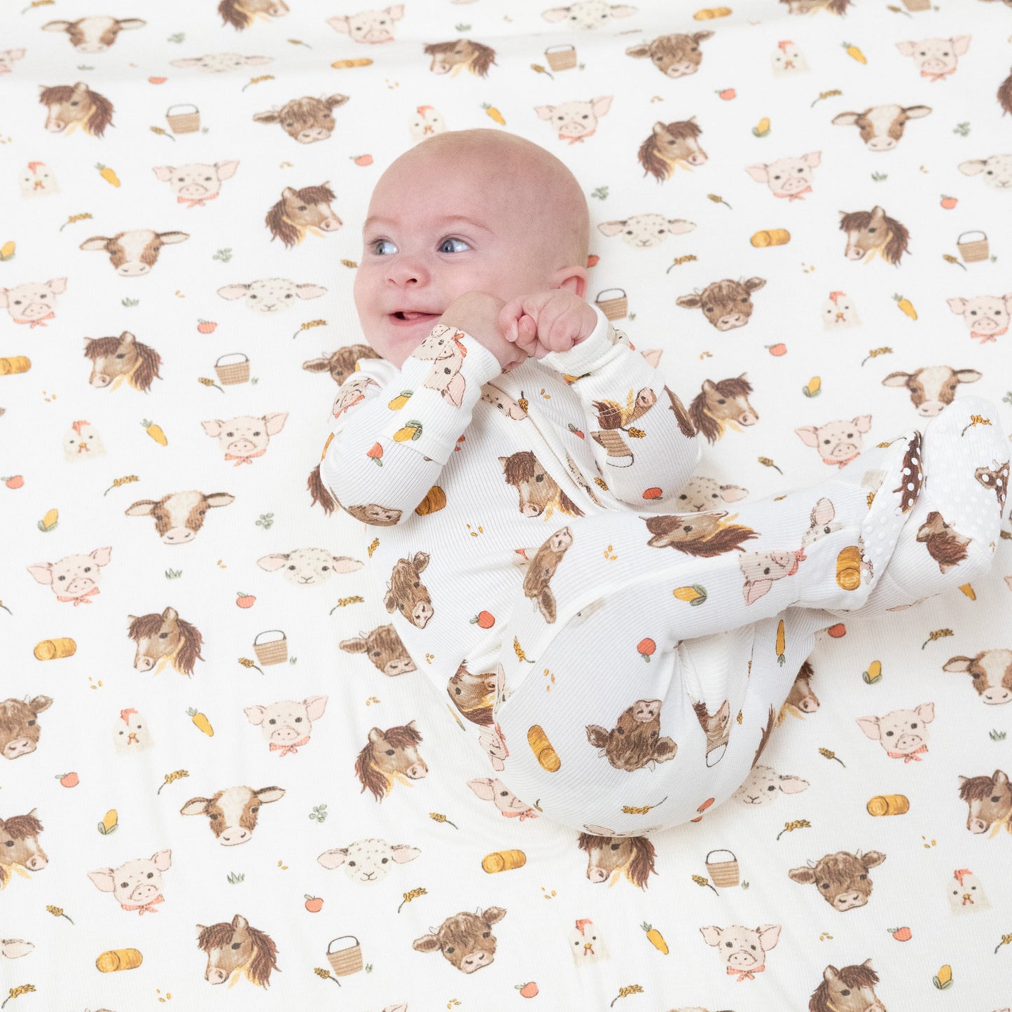 2 Way Zipper Footie in our  Vintage Baby Farm Animals print from Angel Dear
