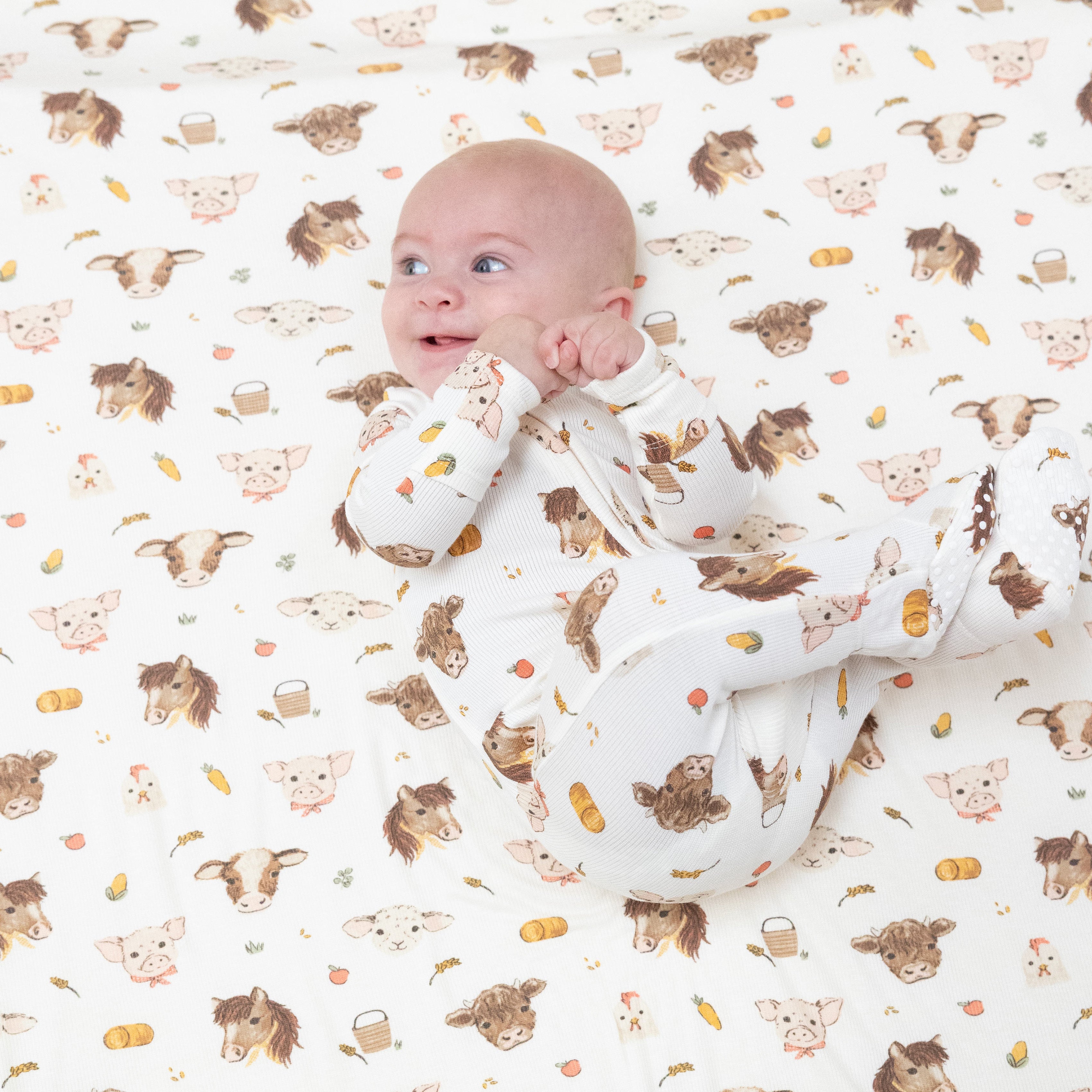 2 Way Zipper Footie in our  Vintage Baby Farm Animals print from Angel Dear