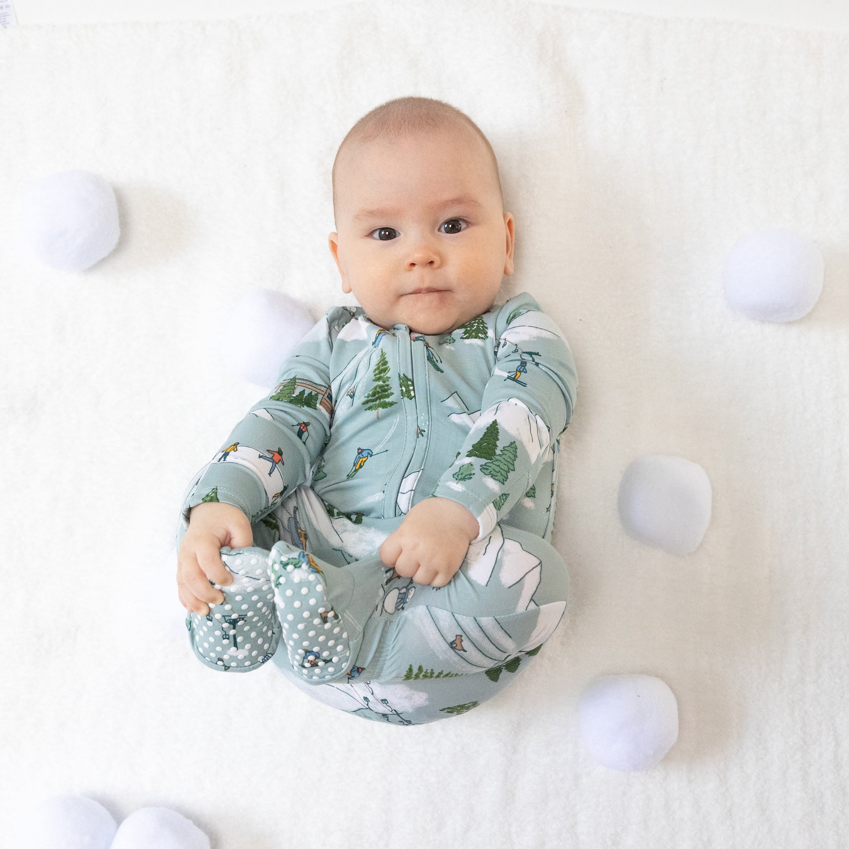 2 Way Zipper Footie in our  Winter Fun Skiers print from Angel Dear