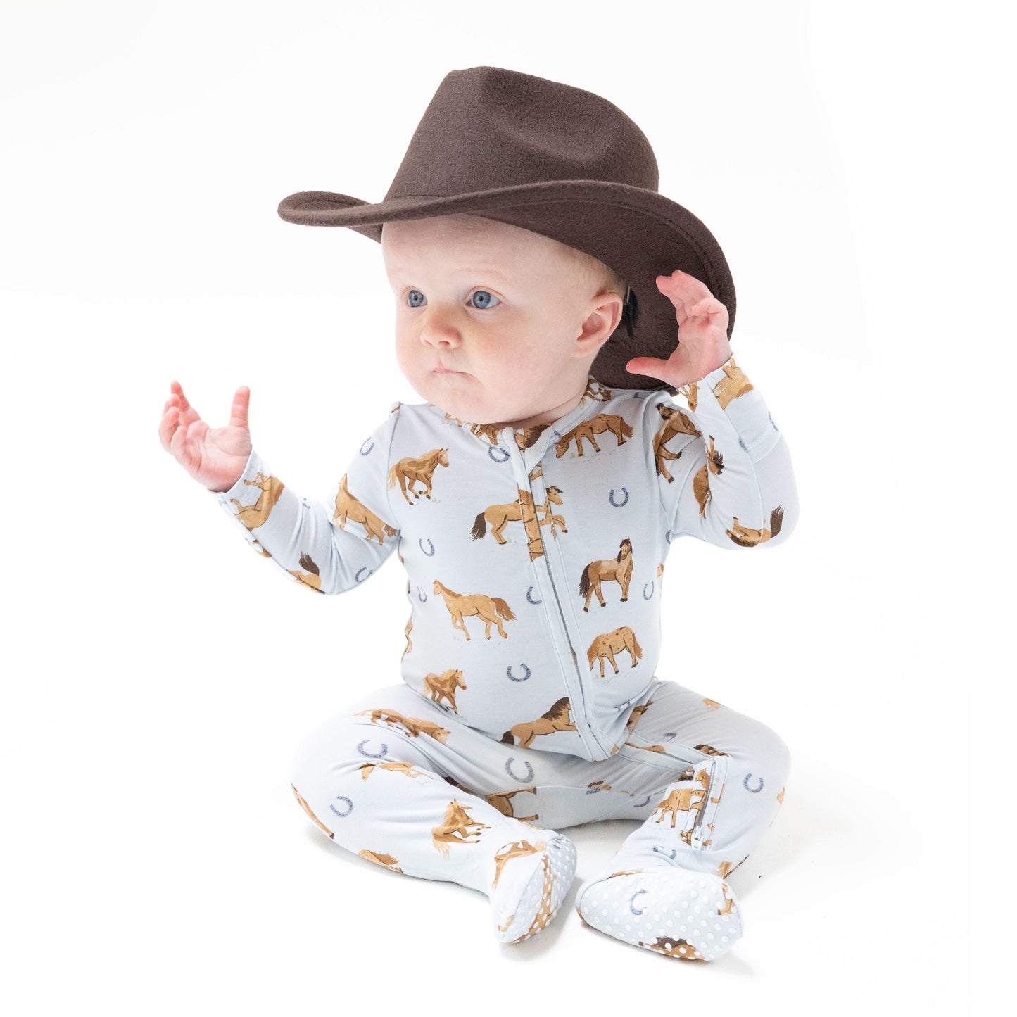 2 Way Zipper Footie in our  Horses - Blue print from Angel Dear