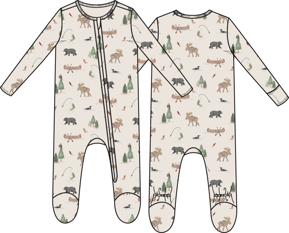 Footie with nature-themed print on a white background