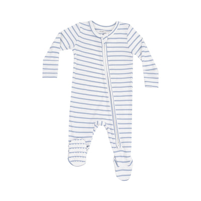 2 Way Zipper Footie - French Stripe Dusty Blue