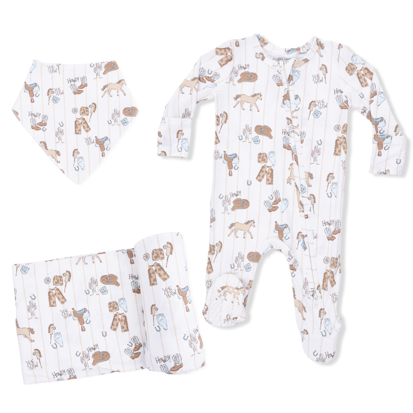 Cowboy Nursery -  2 Way Zipper Footie, Bandana Bib, & Swaddle Blanket Set-Angel Dear