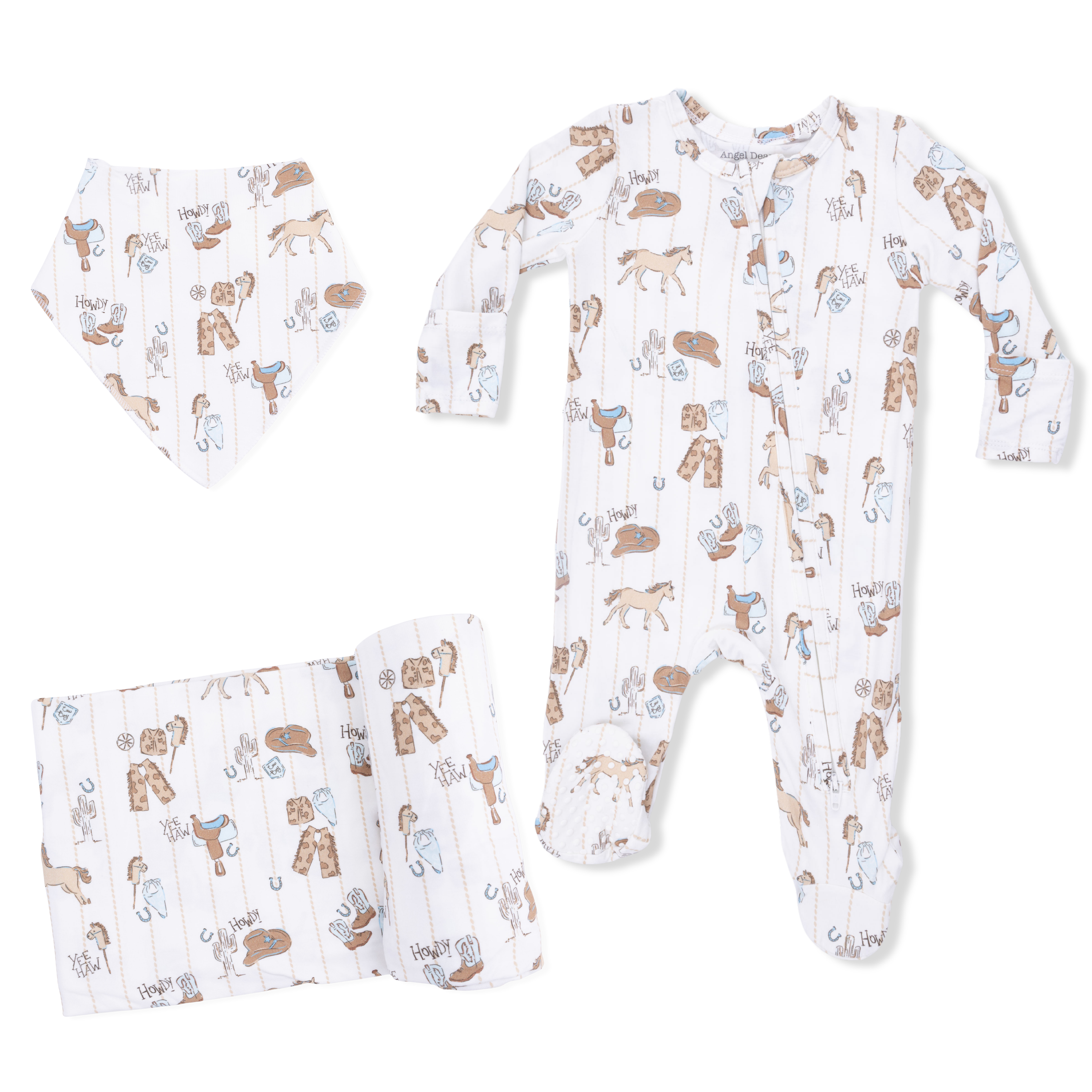 Cowboy Nursery -  2 Way Zipper Footie, Bandana Bib, & Swaddle Blanket Set-Angel Dear