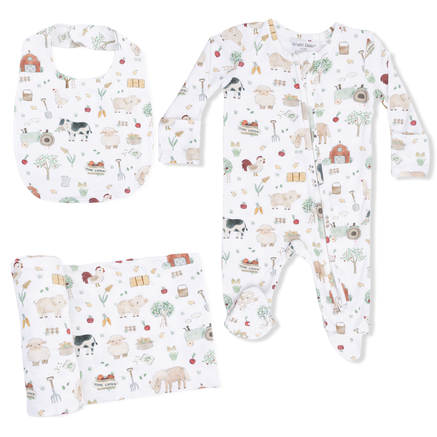 Cute Farm Animals Uni - 2 Way Zipper Footie, Swaddle  & Bandana Bib Set-Angel Dear