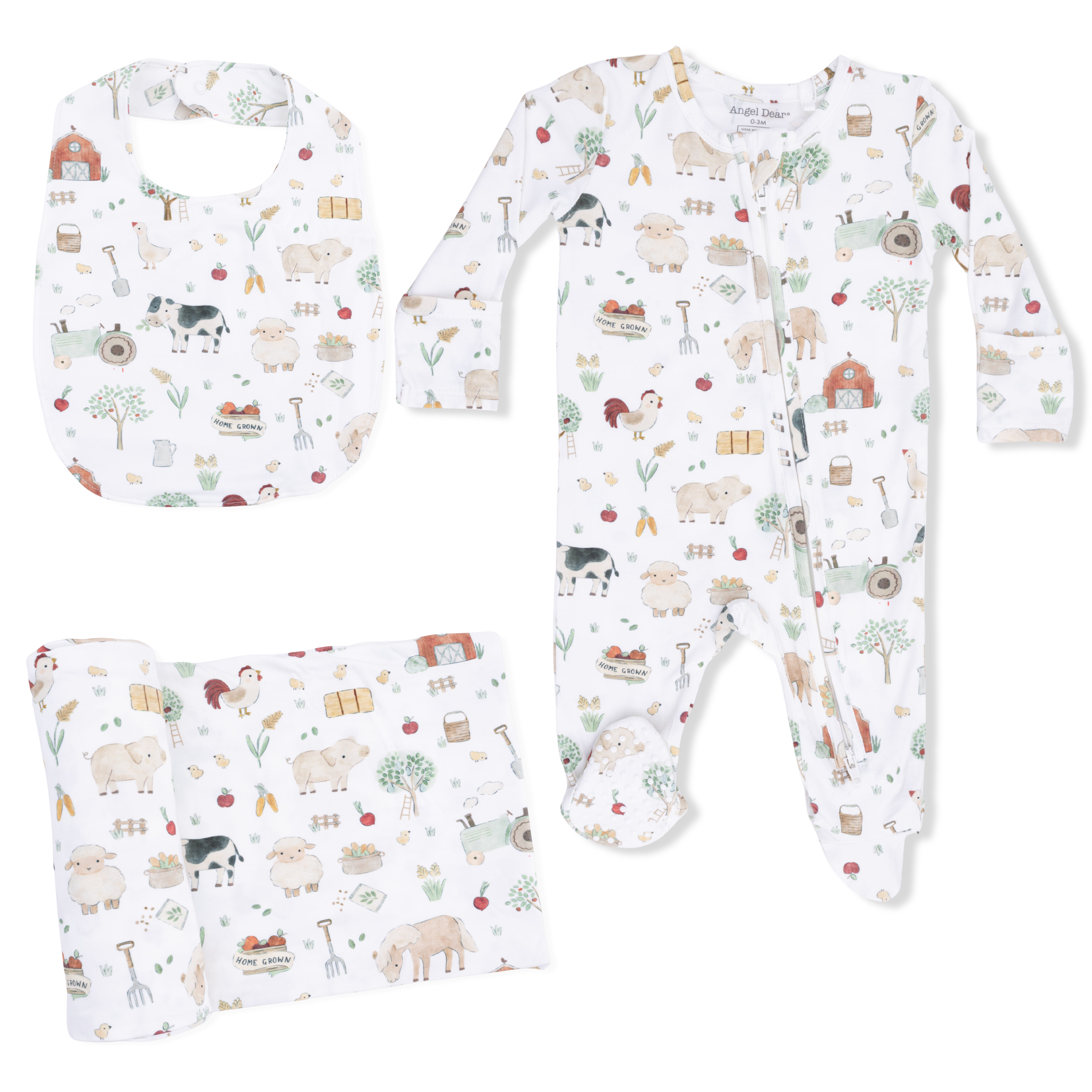 Cute Farm Animals Uni - 2 Way Zipper Footie, Swaddle  & Bandana Bib Set-Angel Dear