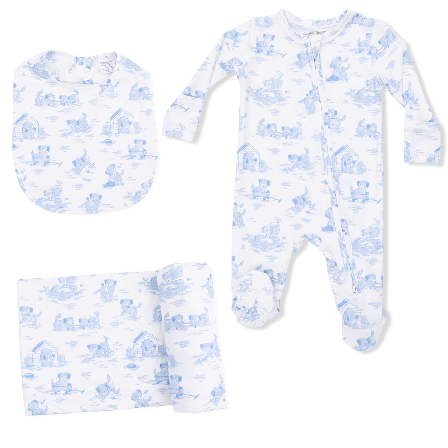 Puppy Toile Blue -  2 Way Zipper Footie, Swaddle  & Bandana Bib Set-Angel Dear