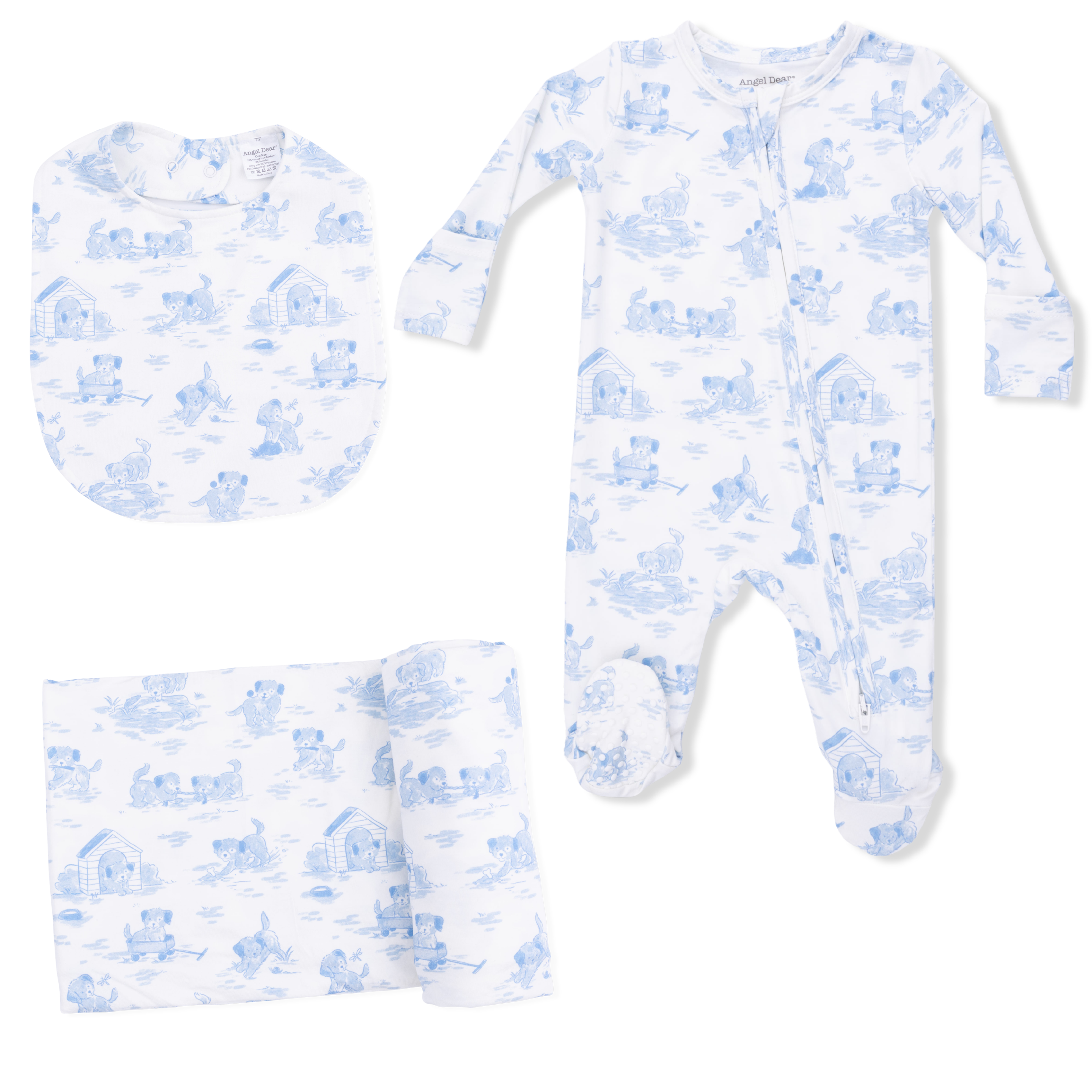 Puppy Toile Blue -  2 Way Zipper Footie, Swaddle  & Bandana Bib Set-Angel Dear