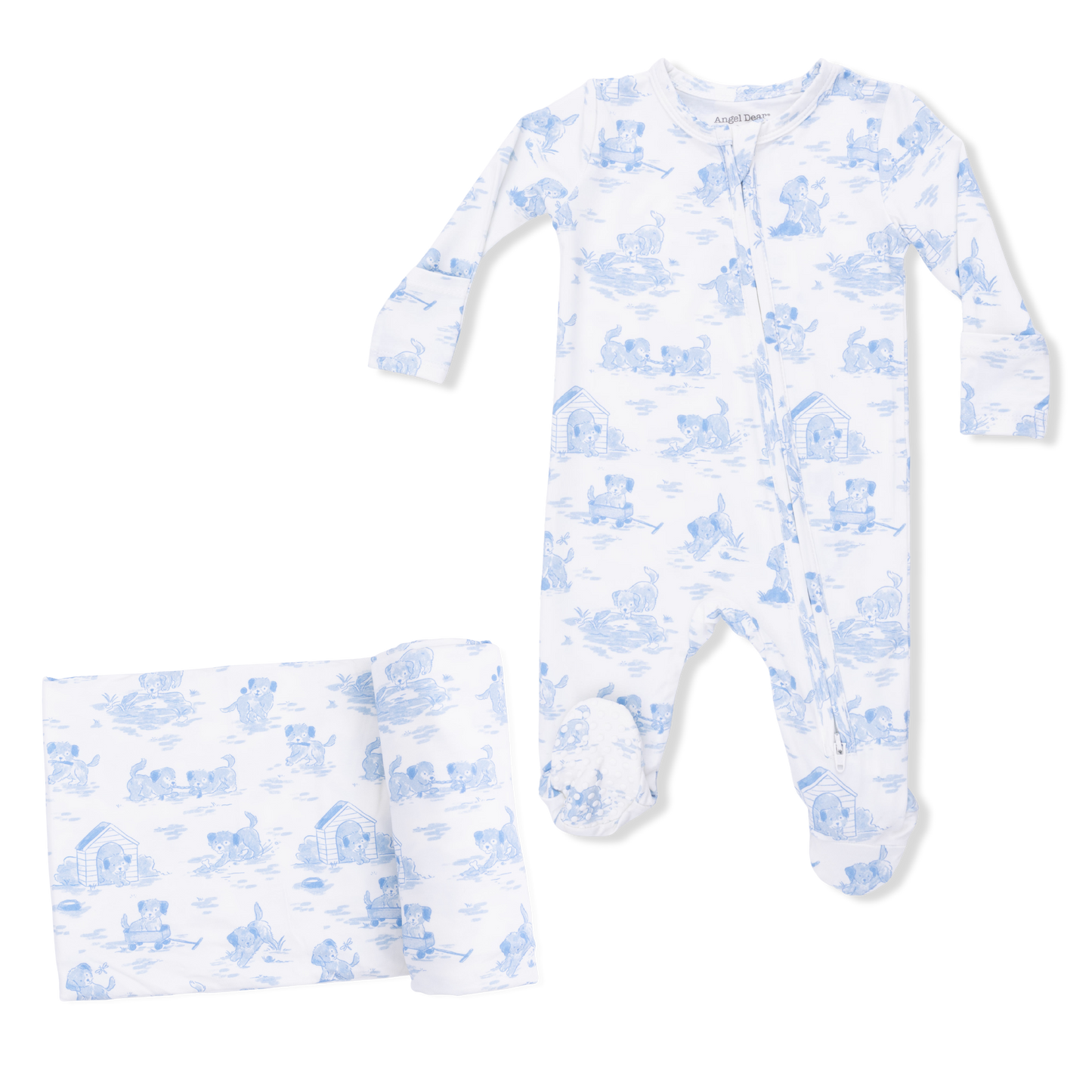 Puppy Toile Blue - 2 Way Zipper Footie & Swaddle Blanket Set-Angel Dear