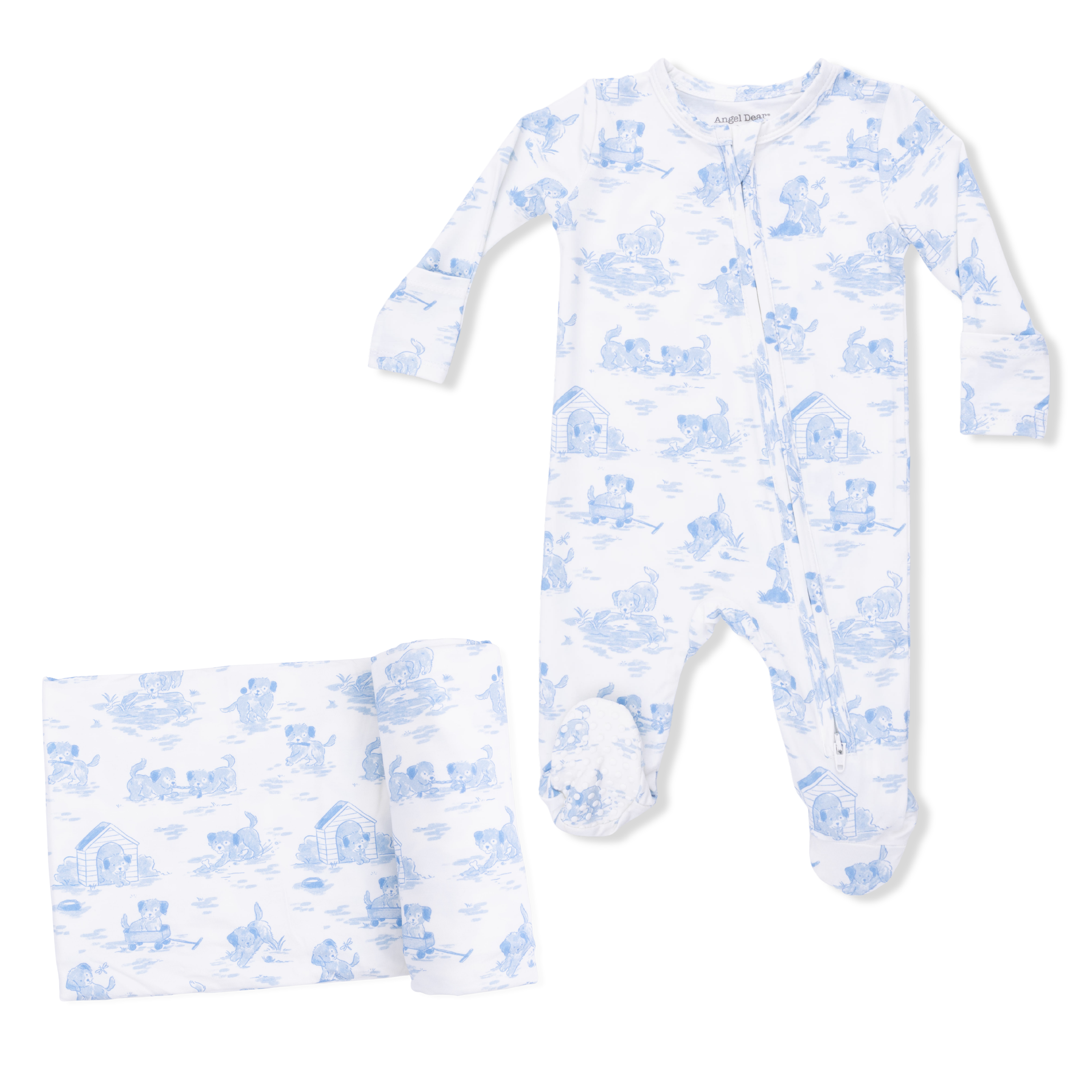 Puppy Toile Blue - 2 Way Zipper Footie & Swaddle Blanket Set-Angel Dear