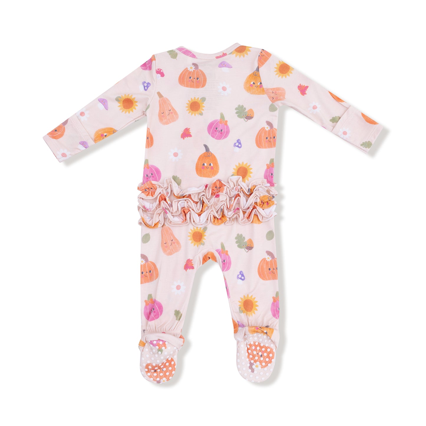 2 Way Zipper Ruffle Back Footie in our  Autumn Pumpkins - Pink print from Angel Dear
