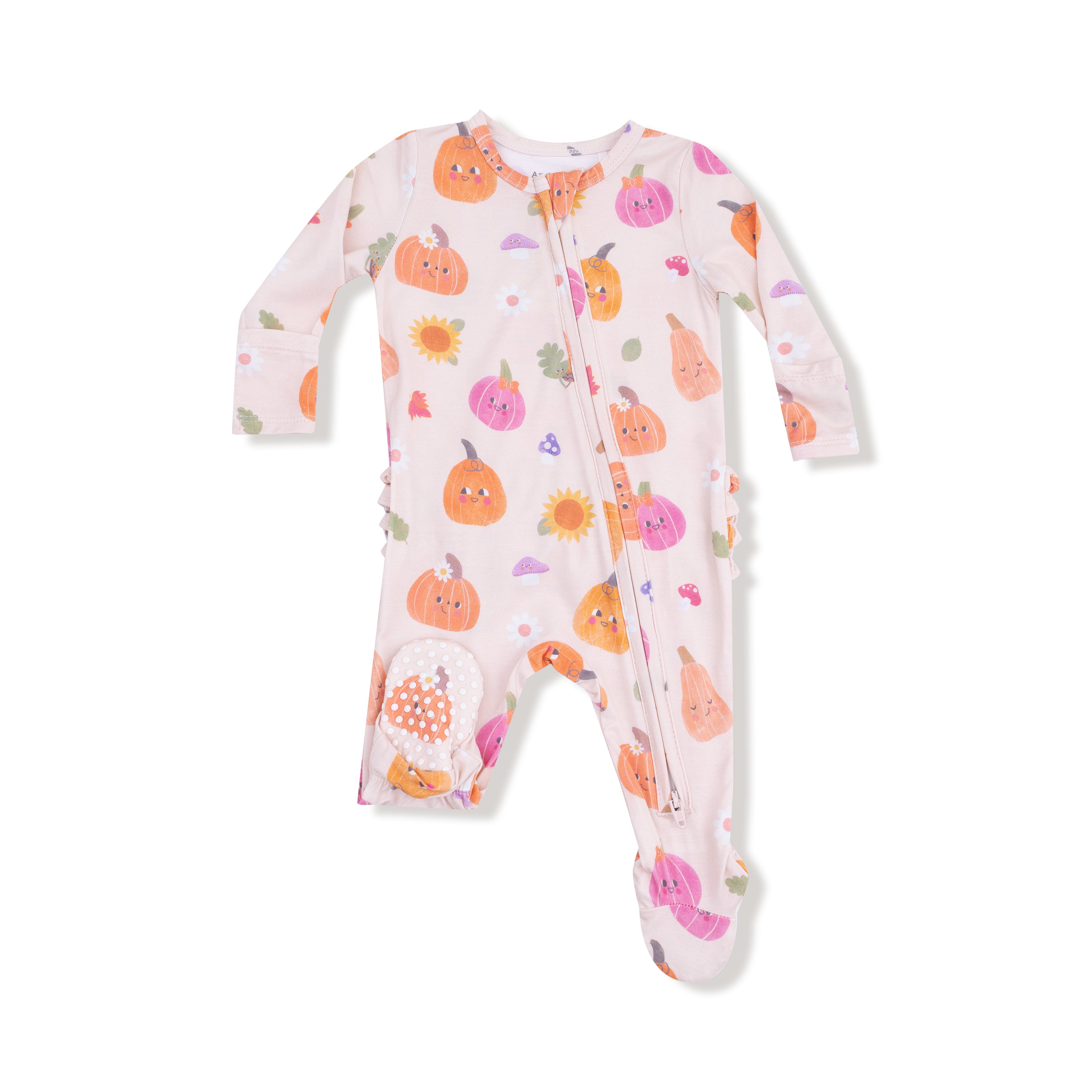 2 Way Zipper Ruffle Back Footie in our  Autumn Pumpkins - Pink print from Angel Dear