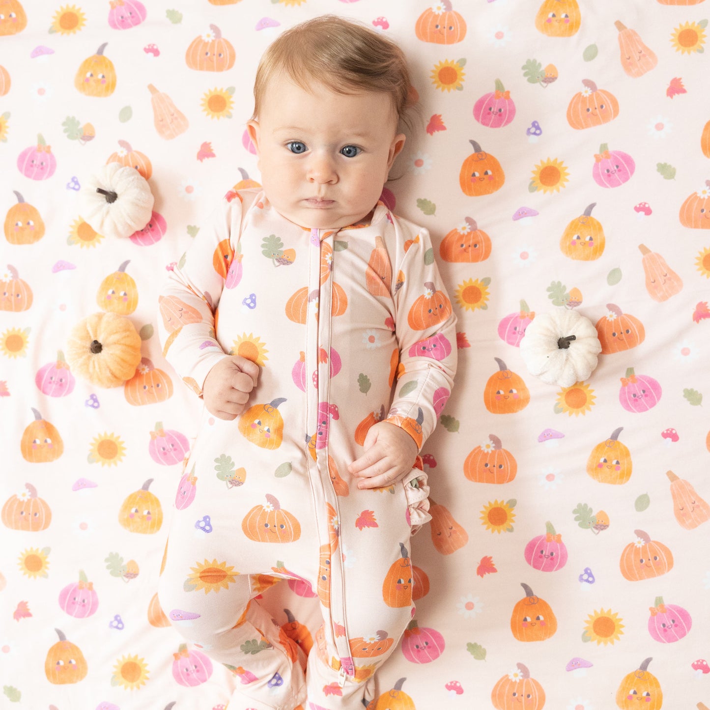 2 Way Zipper Ruffle Back Footie in our  Autumn Pumpkins - Pink print from Angel Dear