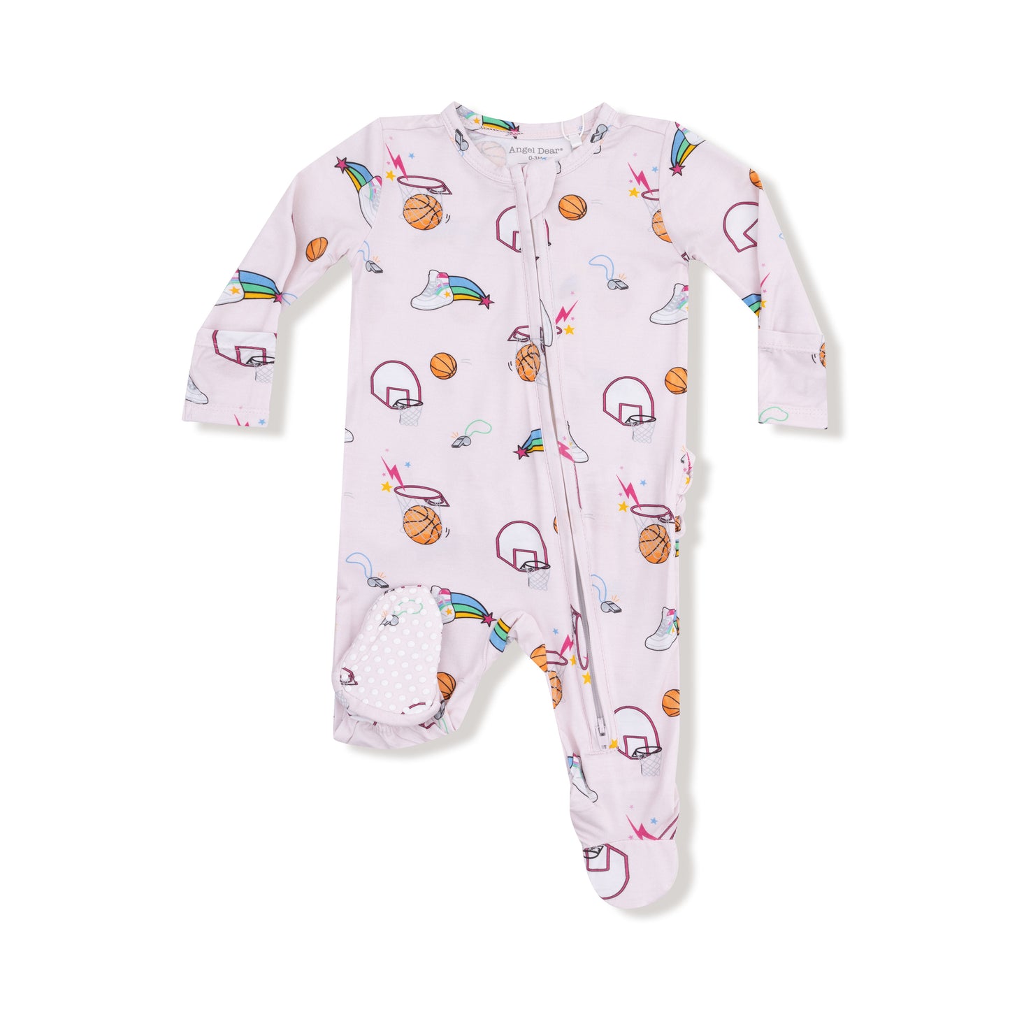 2 Way Zipper Ruffle Back Footie in our  Basketball Pink print from Angel Dear