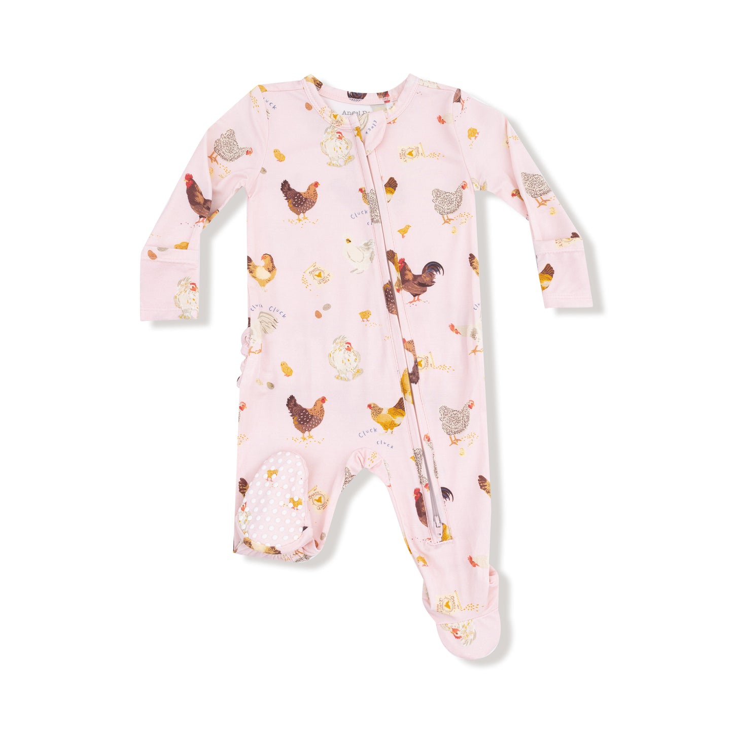 2 Way Ruffle Zipper Footie in our  Collector Chickens - Pink print from Angel Dear