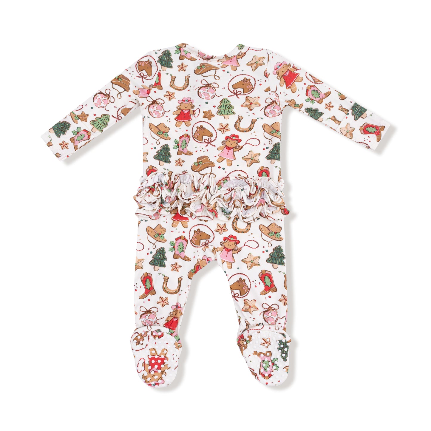 2 Way Zipper Ruffle Back Footie in our  Cowgirl Christmas print from Angel Dear