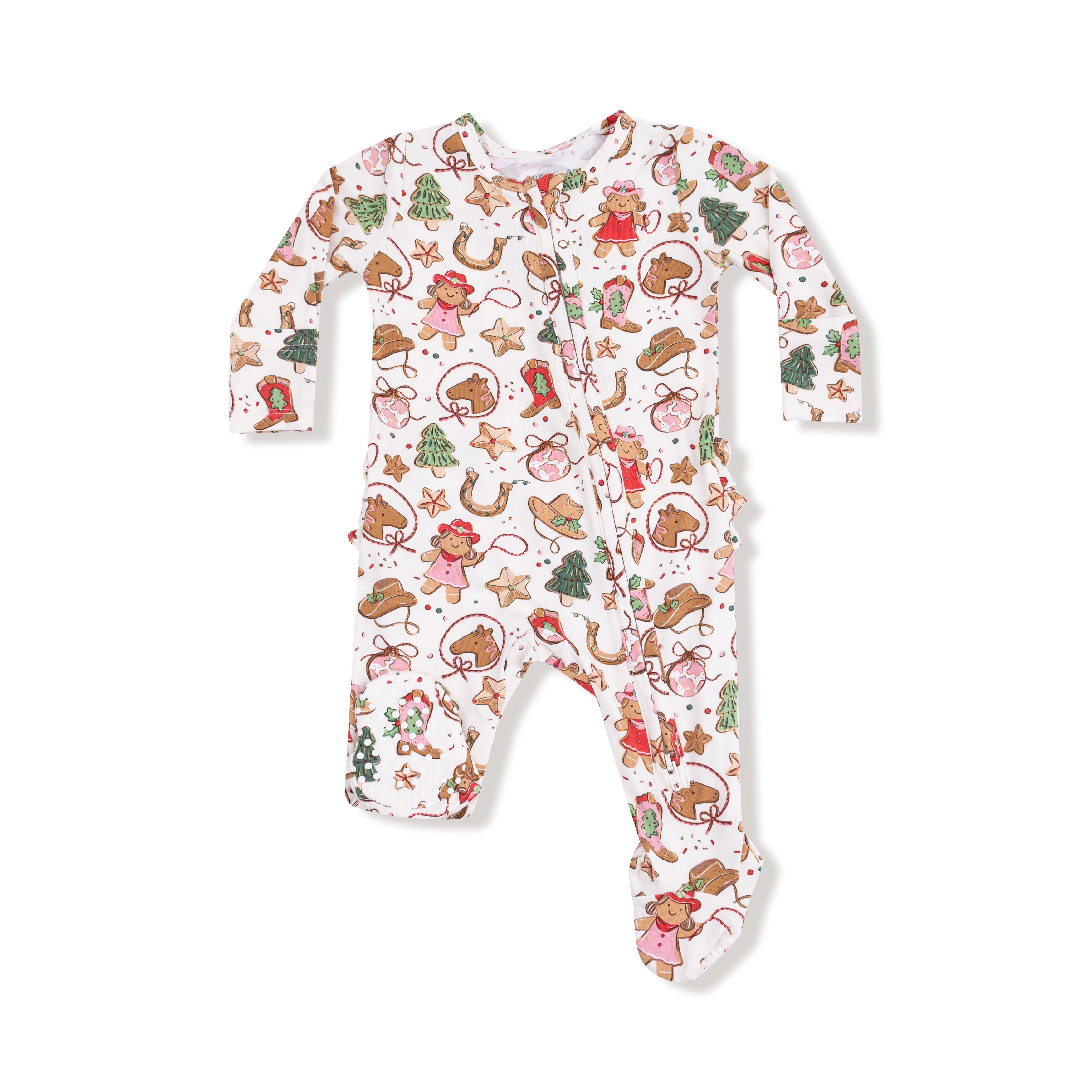 2 Way Zipper Ruffle Back Footie in our  Cowgirl Christmas print from Angel Dear