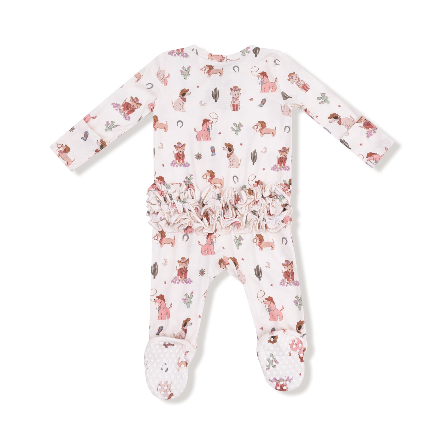 2 Way Zipper Ruffle Back Footie in our  Cowgirl Dogs print from Angel Dear