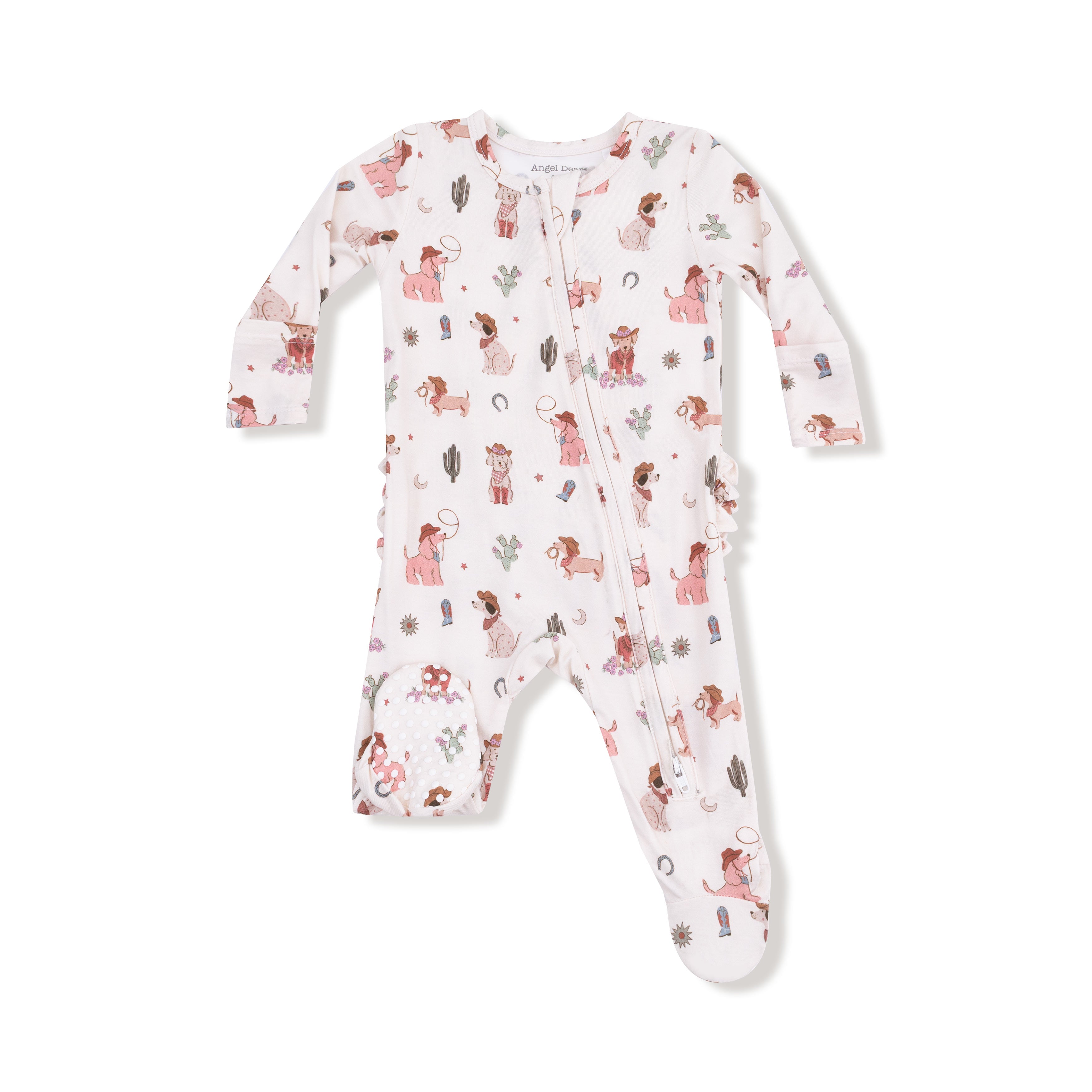 2 Way Zipper Ruffle Back Footie in our  Cowgirl Dogs print from Angel Dear