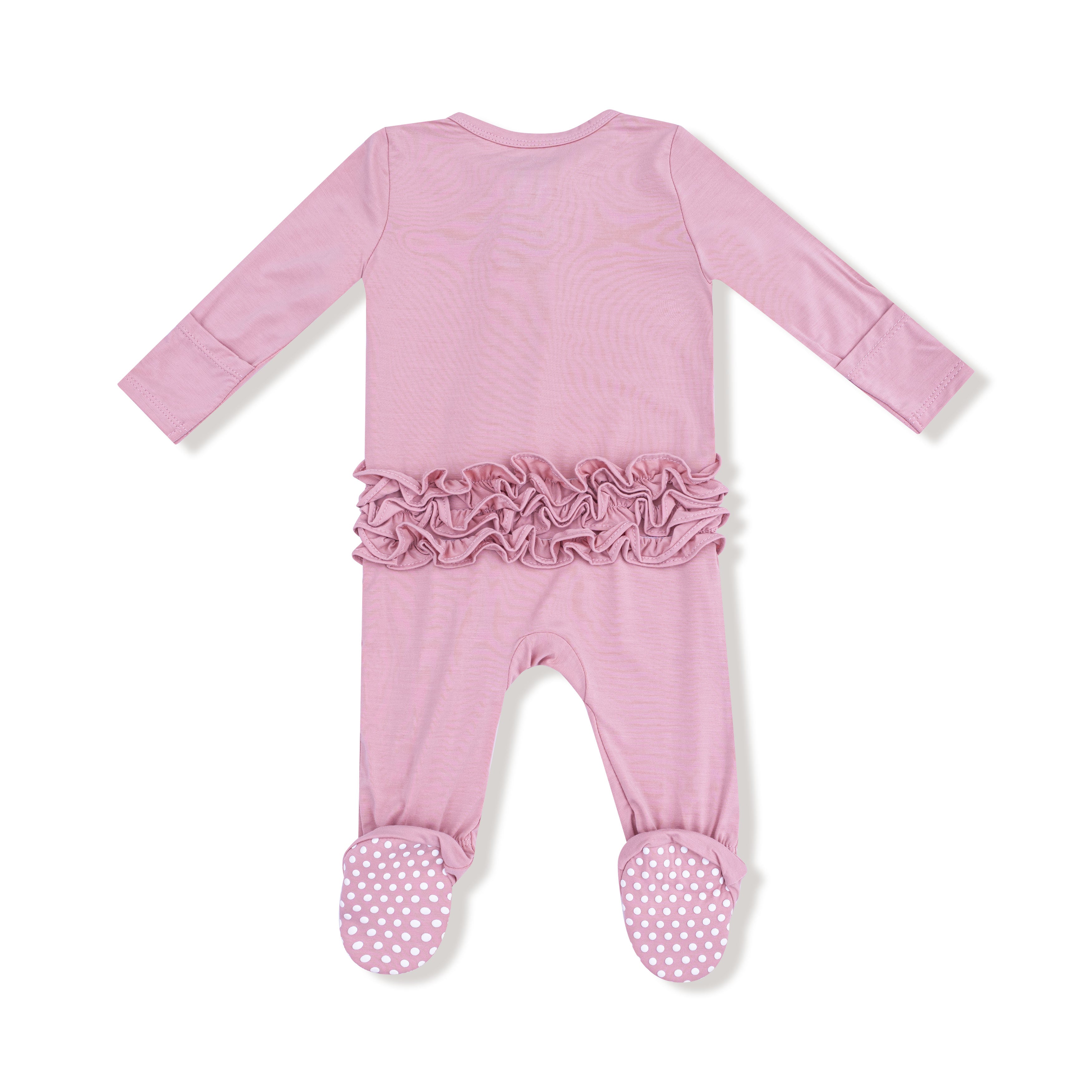 2 Way Zipper Ruffle Back Footie in our Cameo Pink print from Angel Dear