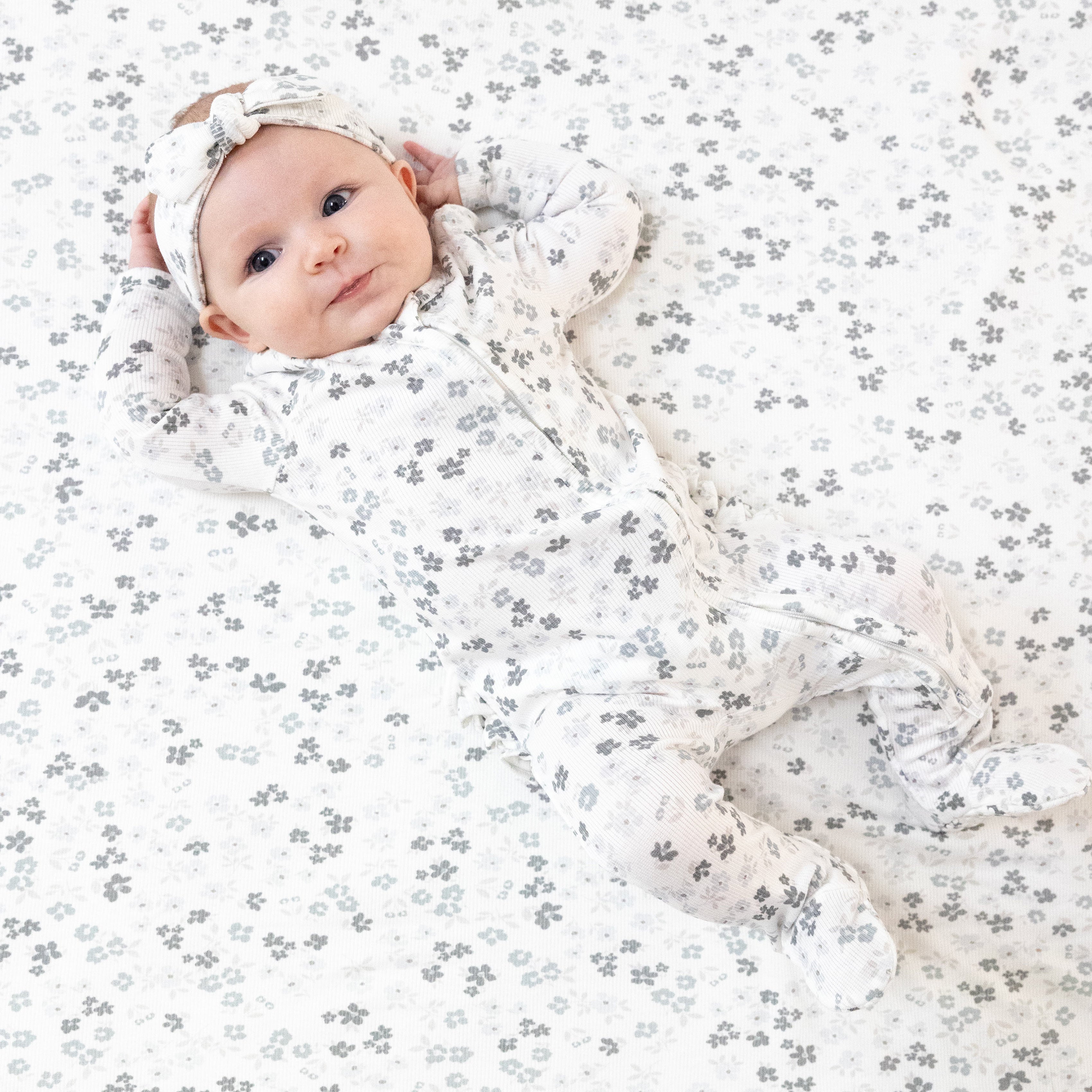 2 Way Zipper Ruffle Back Footie in our  Caroline's Calico print from Angel Dear