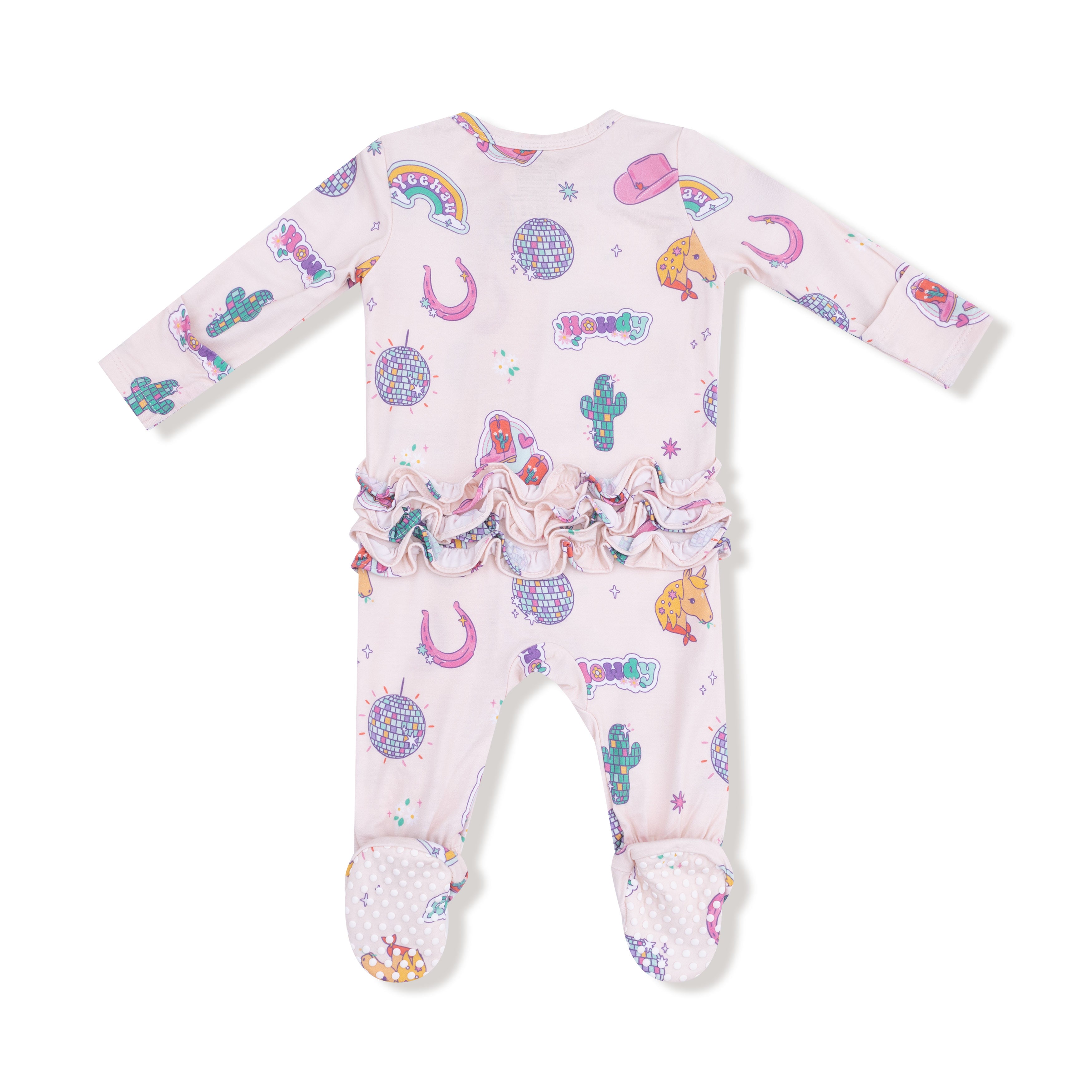 2 Way Zipper Ruffle Back Footie in our  Disco Cowgirl print from Angel Dear