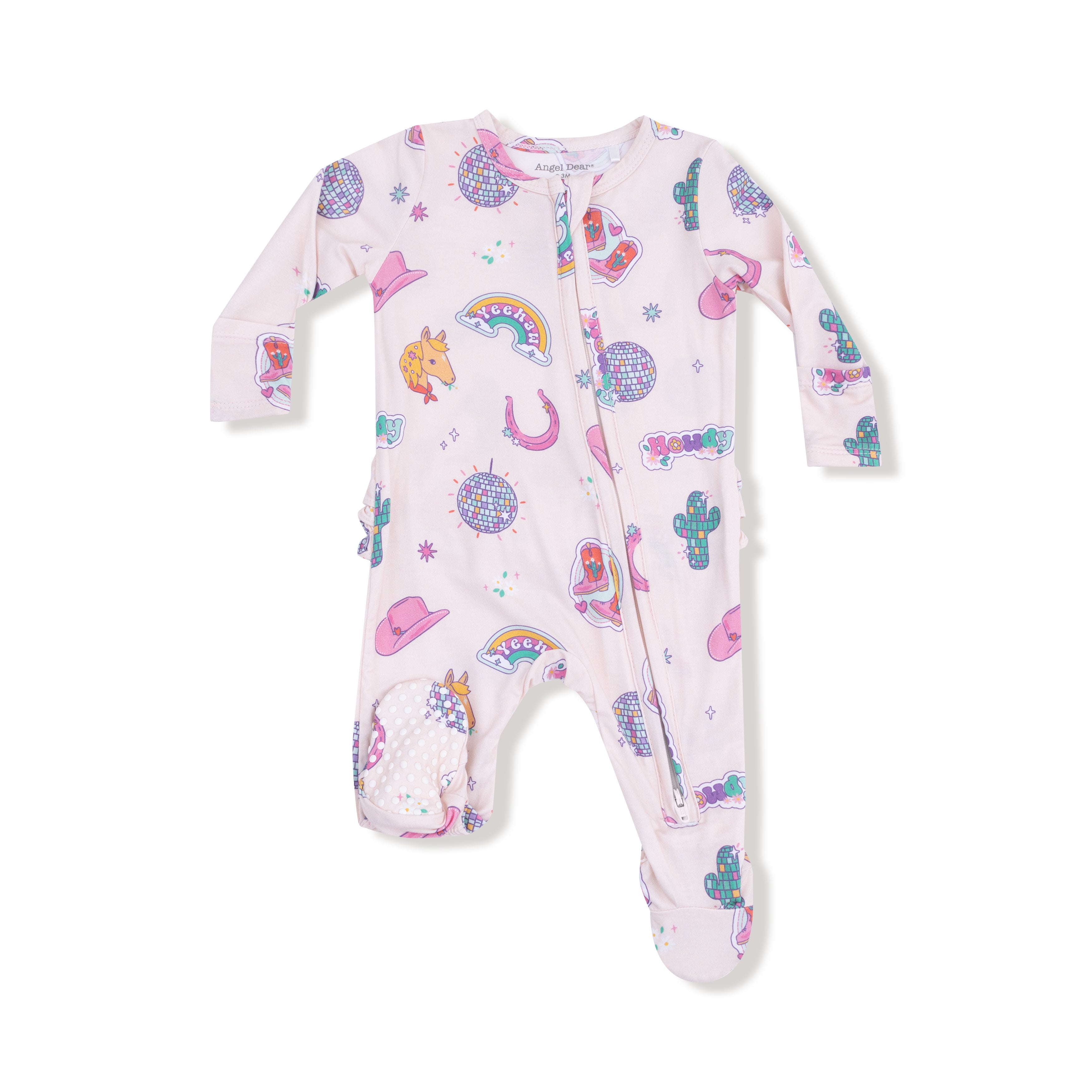 2 Way Zipper Ruffle Back Footie in our  Disco Cowgirl print from Angel Dear