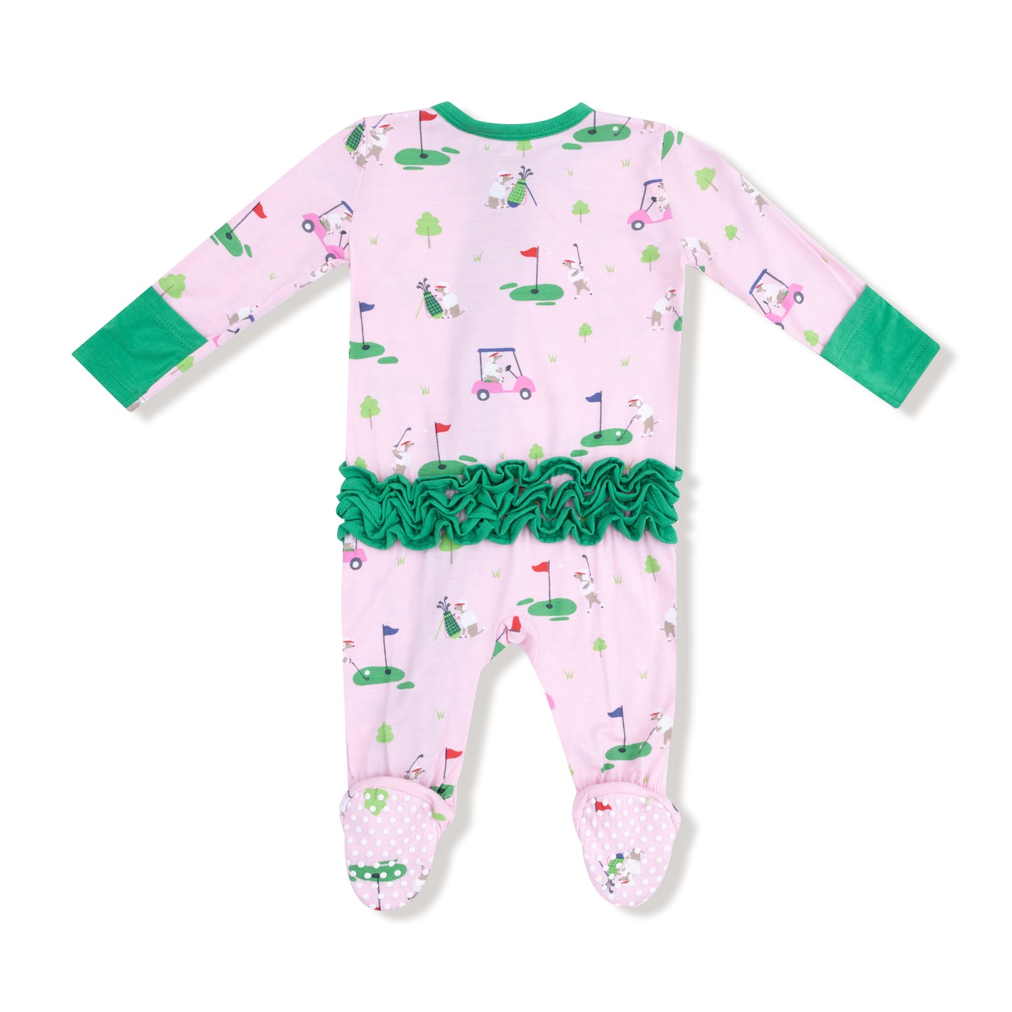2 Way Zipper Ruffle Back Footie in our  Dog Gone Golf - Pink print from Angel Dear