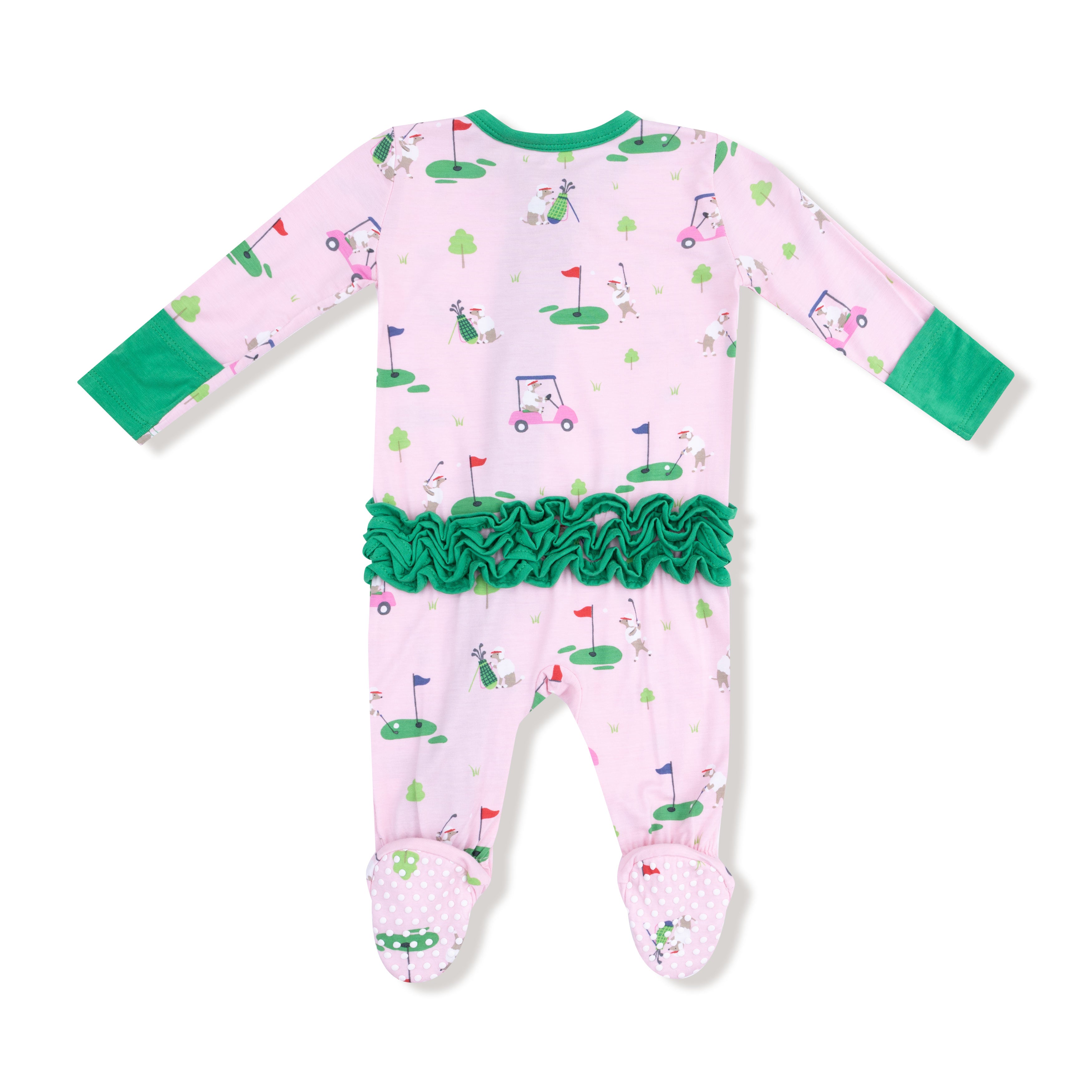 2 Way Zipper Ruffle Back Footie in our  Dog Gone Golf - Pink print from Angel Dear