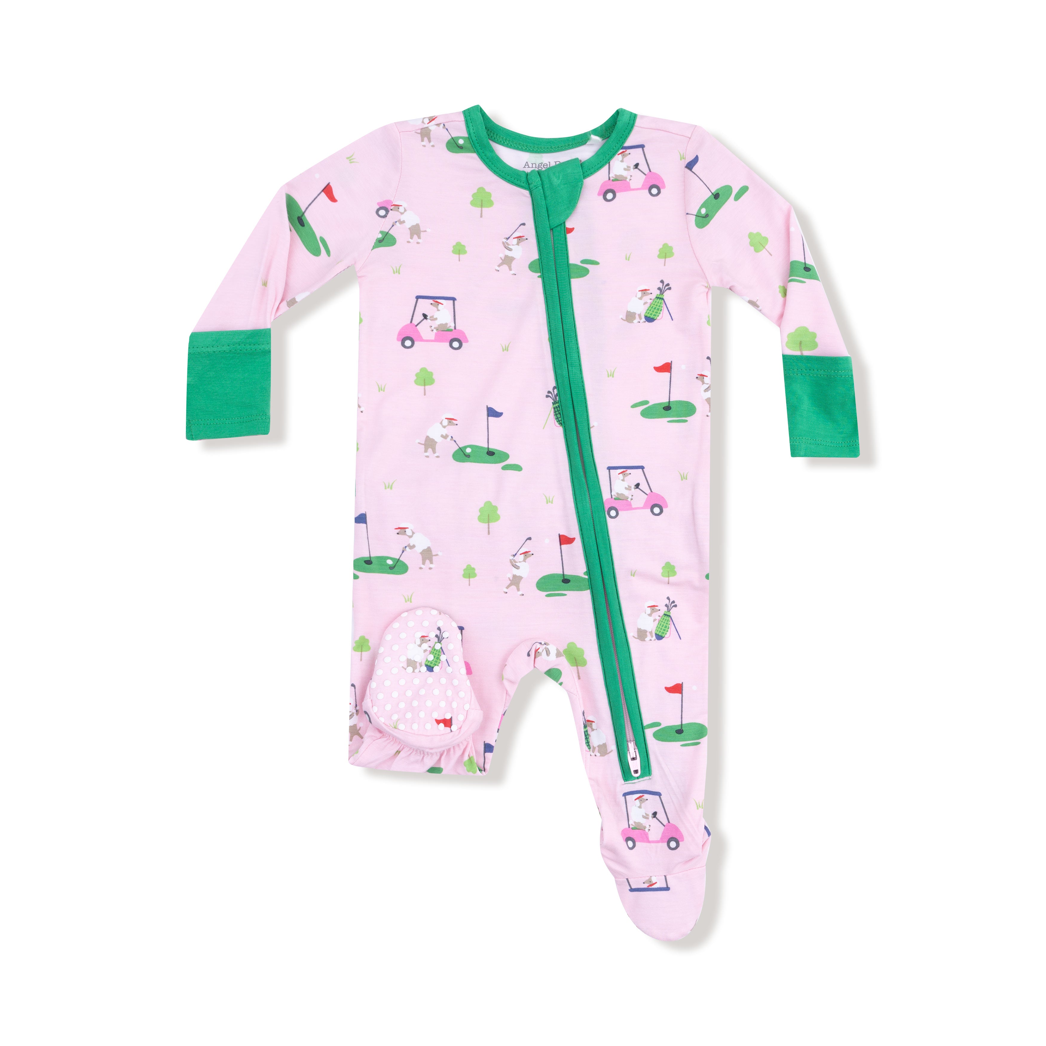 2 Way Zipper Ruffle Back Footie in our  Dog Gone Golf - Pink print from Angel Dear