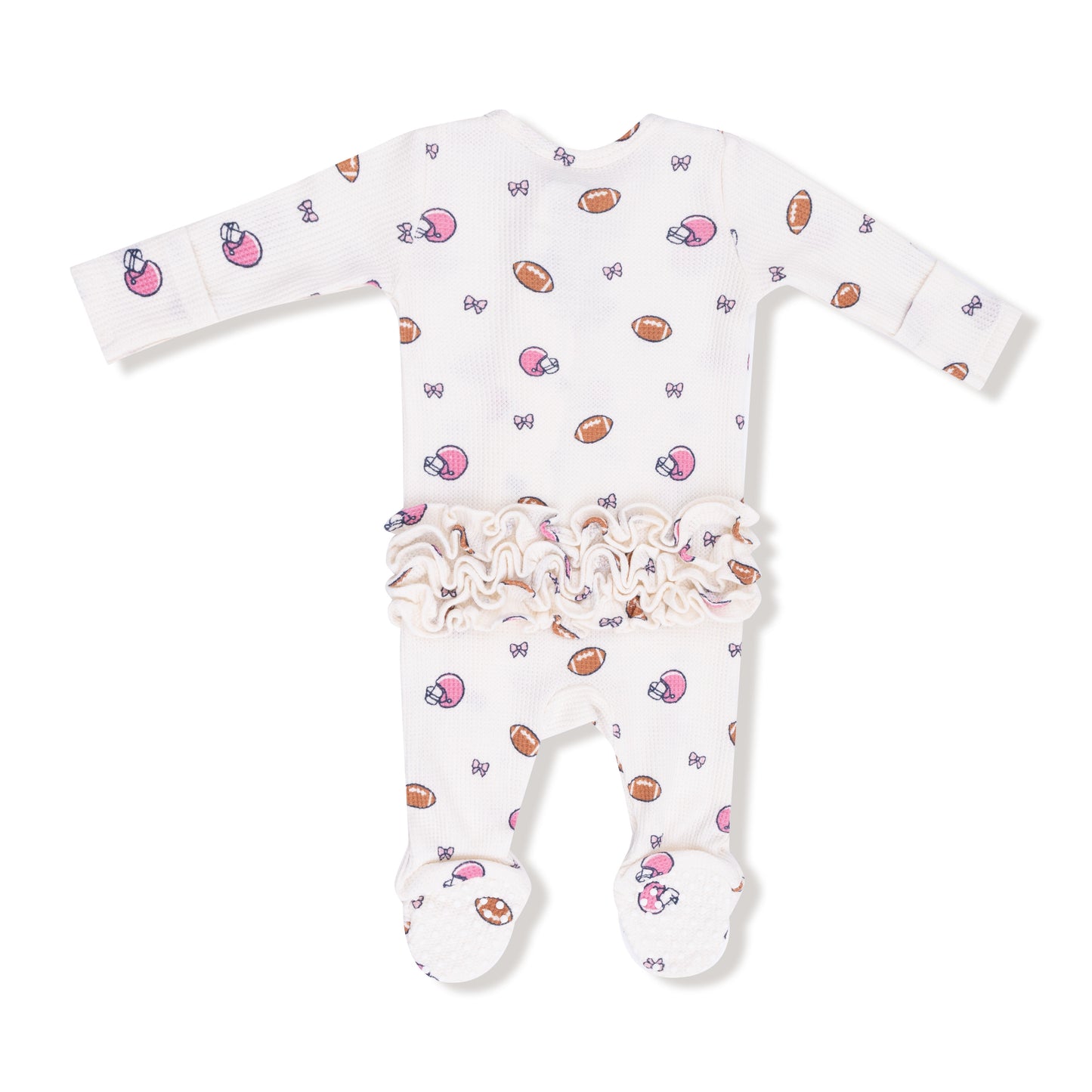 2 Way Zipper Ruffle Back Footie in our  Footballs and Bows print from Angel Dear