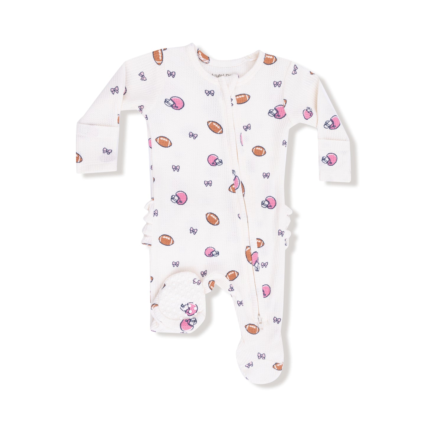 2 Way Zipper Ruffle Back Footie in our  Footballs and Bows print from Angel Dear