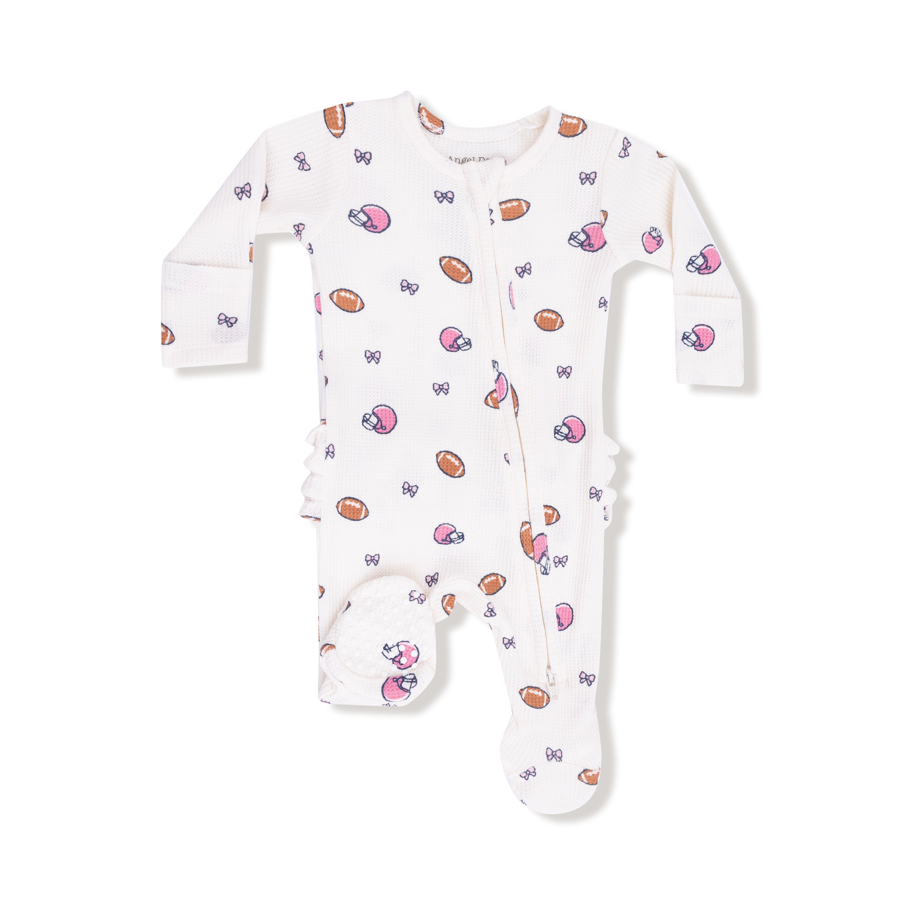 2 Way Zipper Ruffle Back Footie in our  Footballs and Bows print from Angel Dear