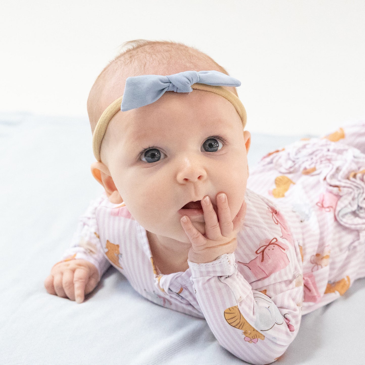 Bow with Nylon Headband in our Soft Chambray print from Angel Dear