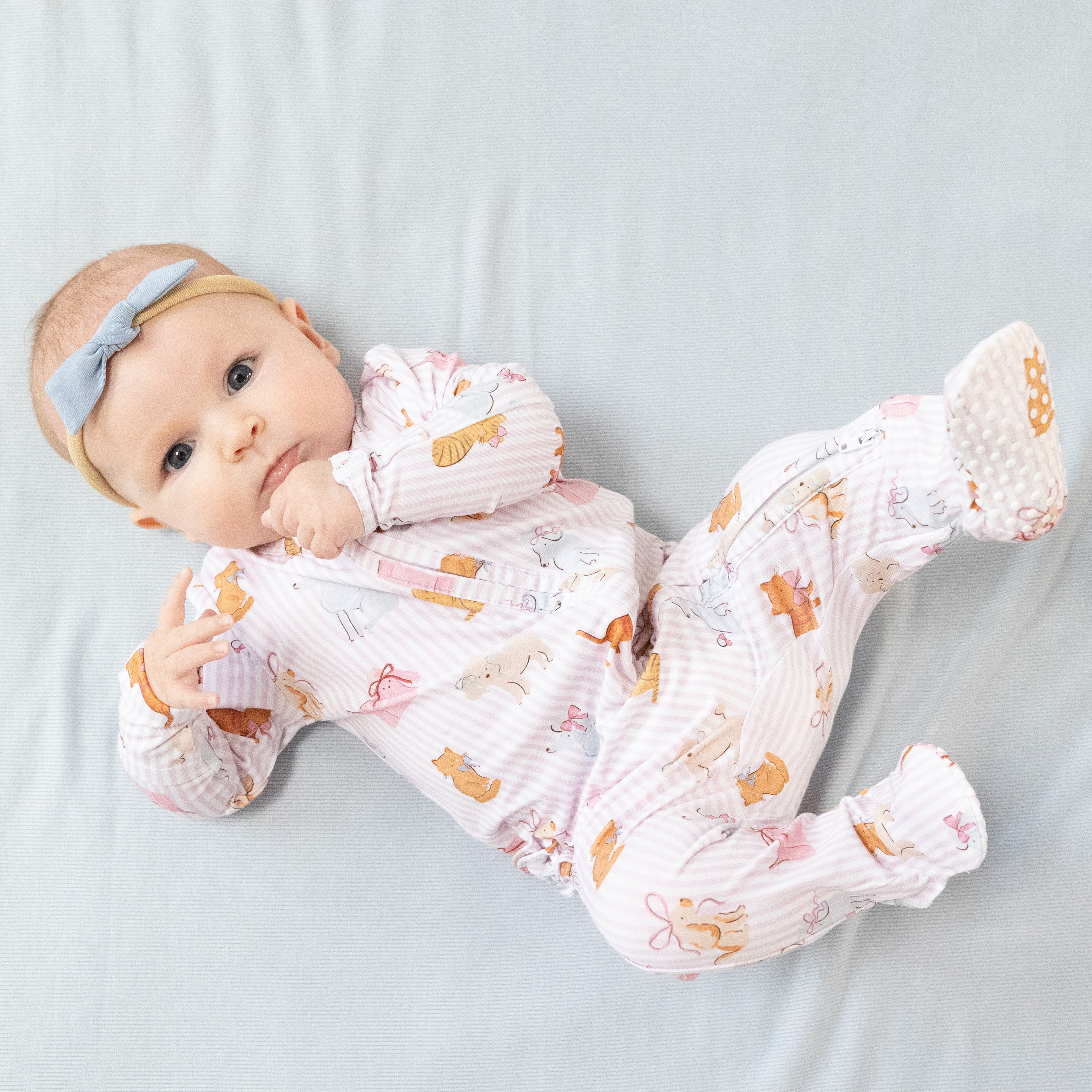 2 Way Zipper Ruffle Back Footie in our  Fancy Pets print from Angel Dear