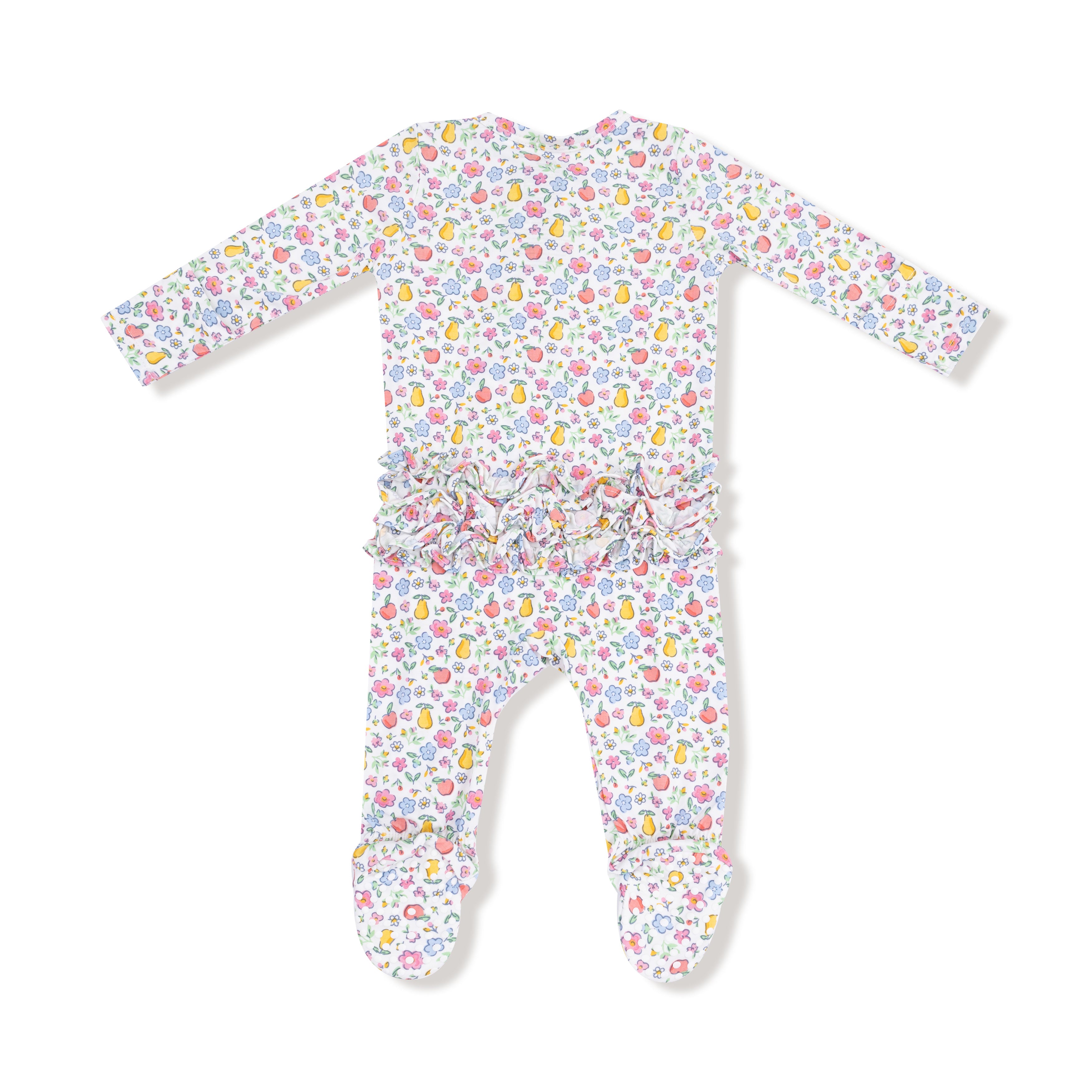 2 Way Zipper Ruffle Back Footie in our  Fall Fruit Floral print from Angel Dear