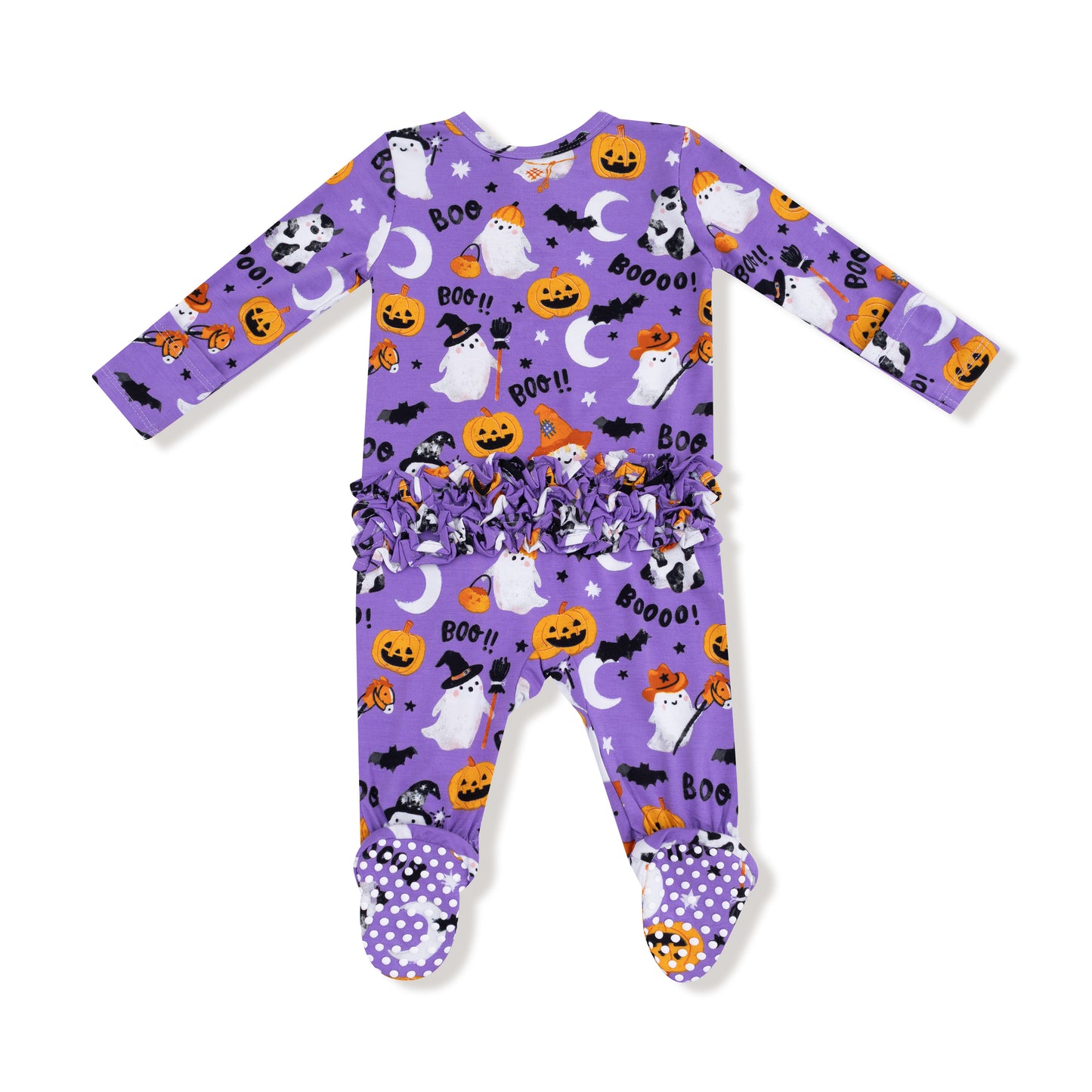2 Way Zipper Ruffle Back Footie in our  Costumed Ghosts - Glow In The Dark - Purple print from Angel Dear