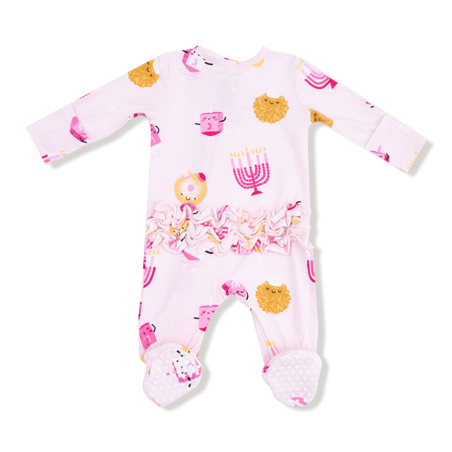 2 Way Zipper Ruffle Back Footie in our  Hanukkah - Pink print from Angel Dear